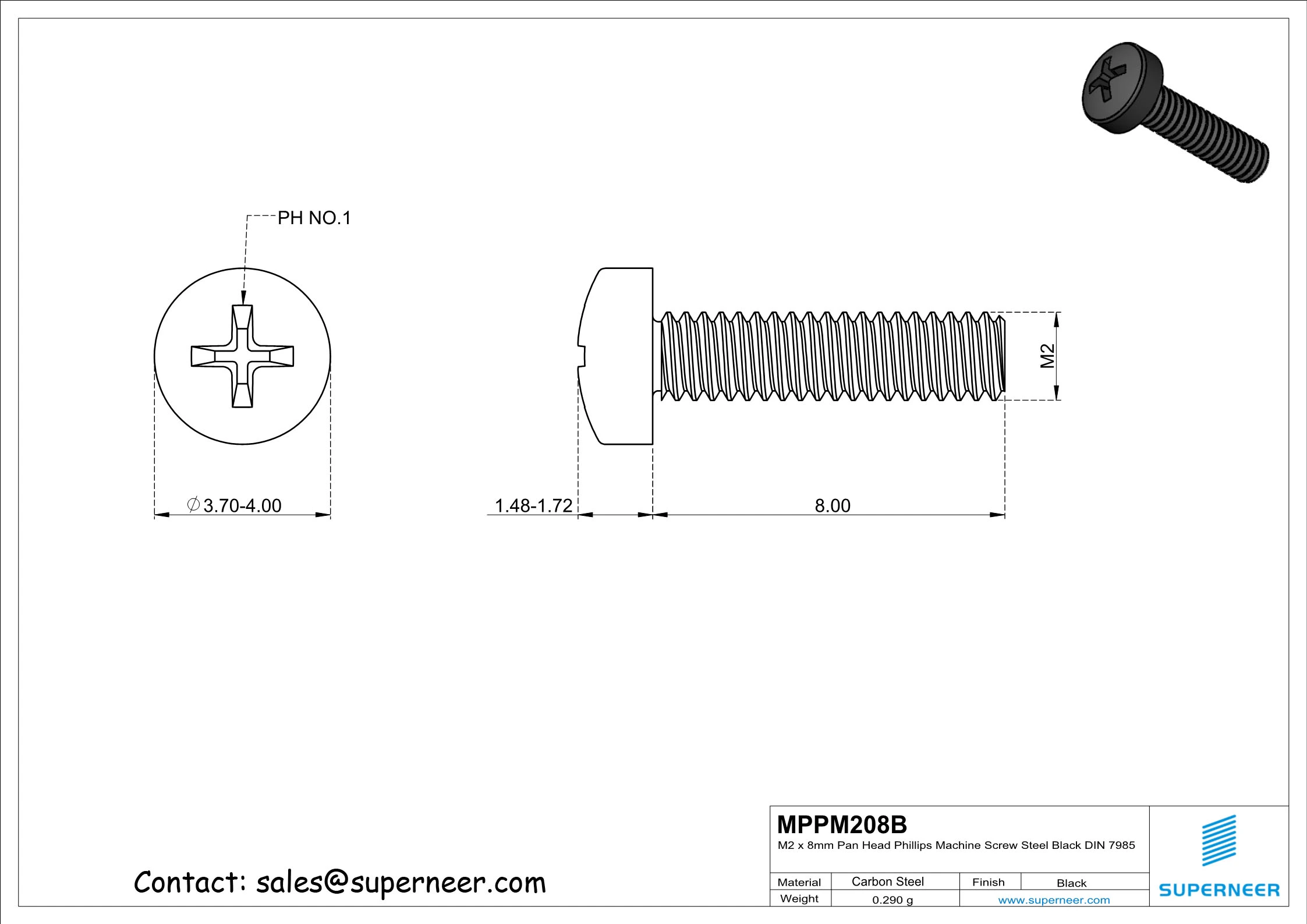M2 x 8 mm Pan Head Phillips Machine Screw Steel Black DIN 7985
