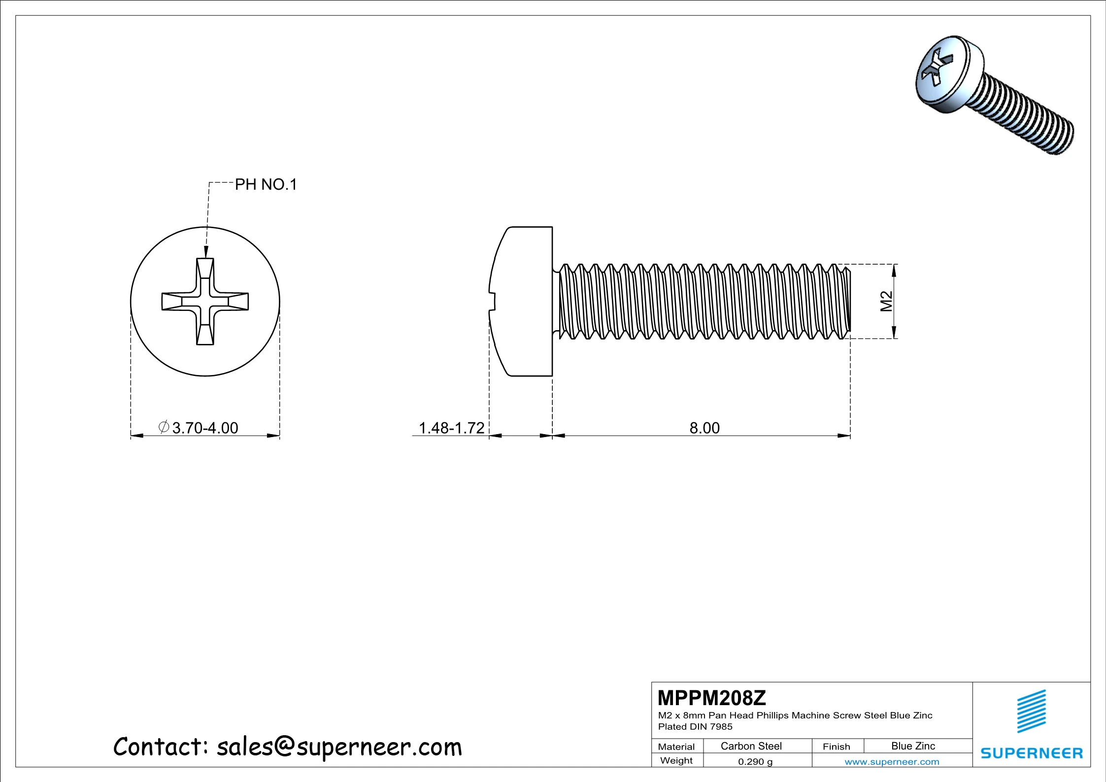M2 x 8 mm Pan Head Phillips Machine Screw Steel Blue Zinc Plated DIN 7985