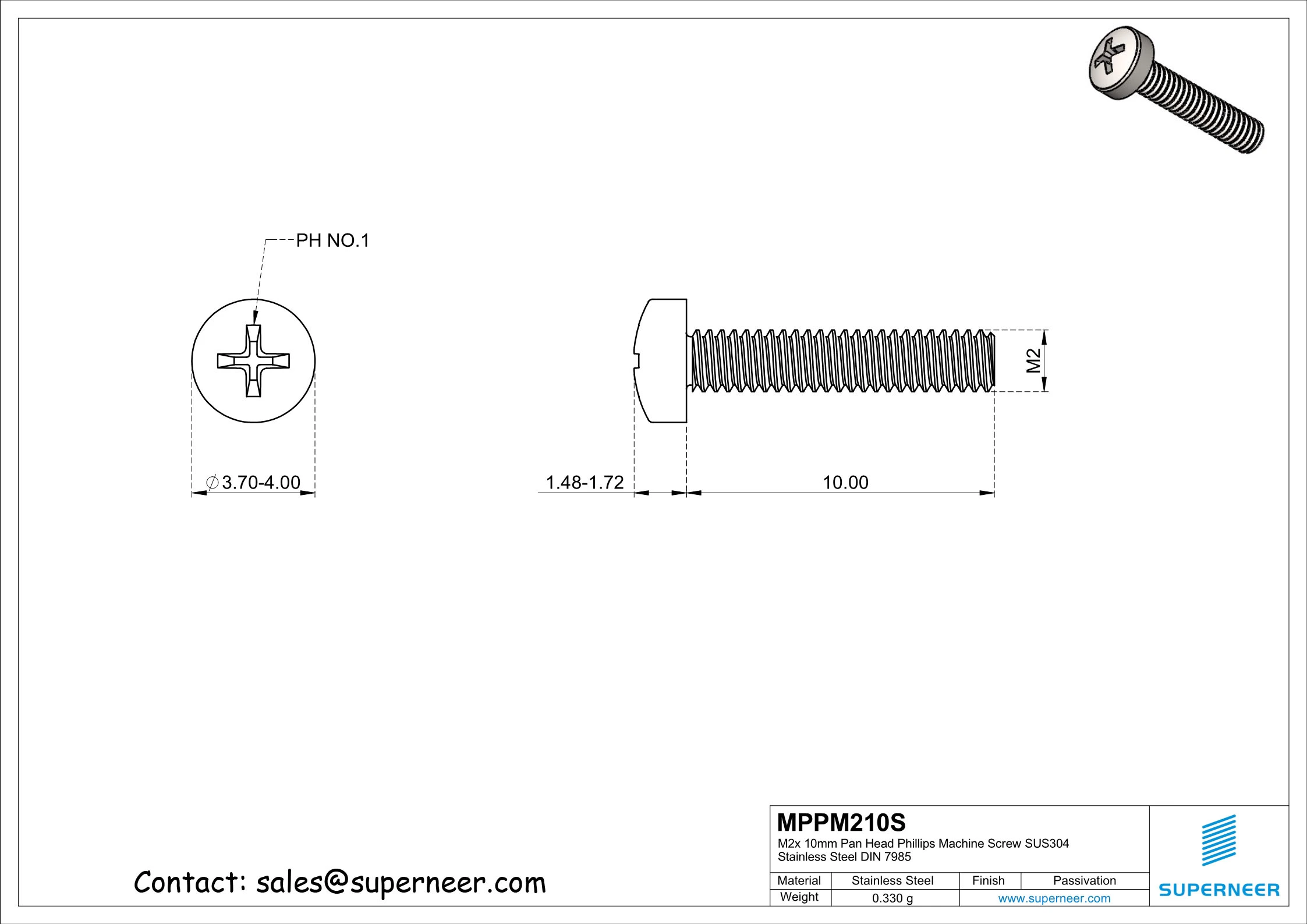 M2 x 10 mm  Pan Head Phillips Machine Screw SUS304 Stainless Steel Inox DIN 7985