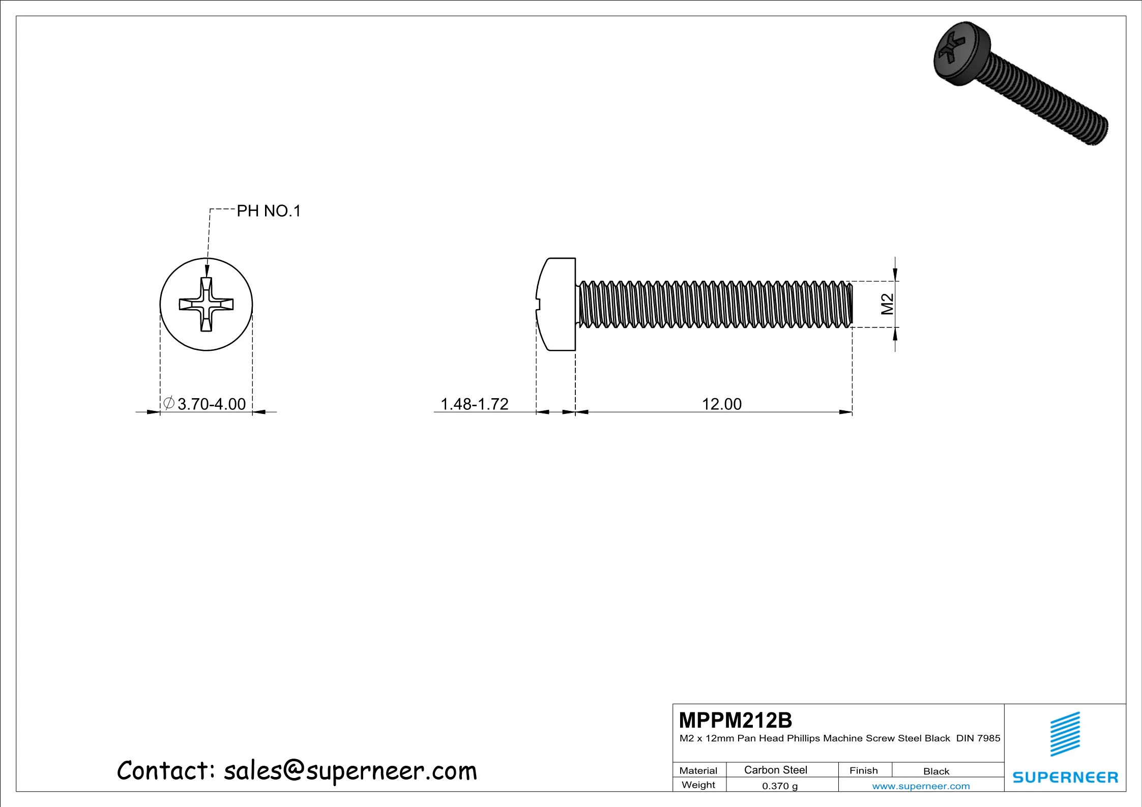 M2 x 12 mm Pan Head Phillips Machine Screw Steel Black DIN 7985