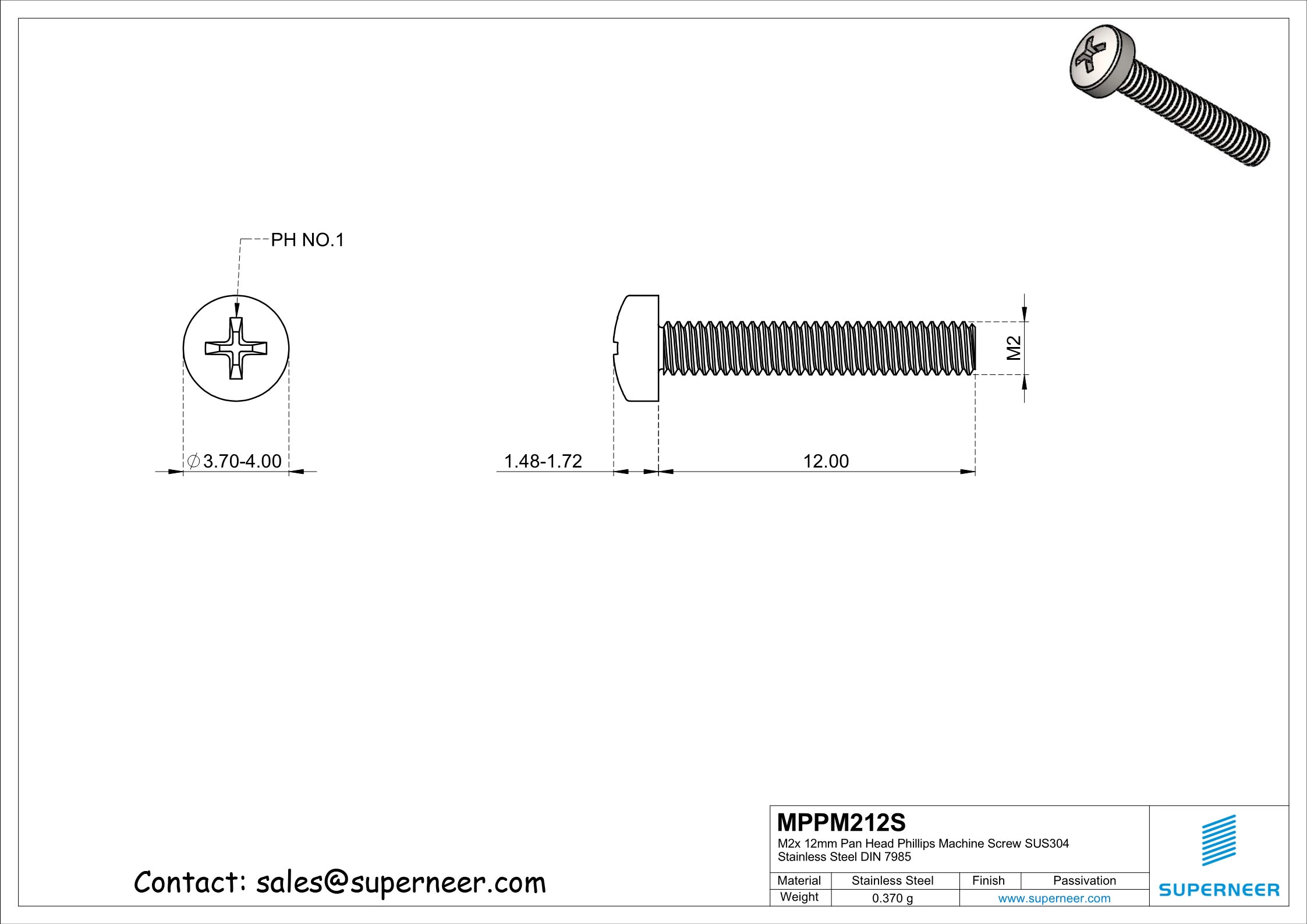 M2 x 12 mm  Pan Head Phillips Machine Screw SUS304 Stainless Steel Inox DIN 7985