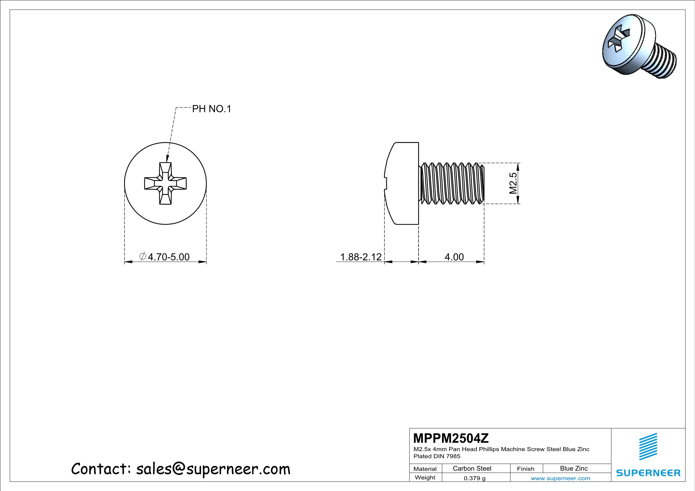 M2.5 x 4 mm Pan Head Phillips Machine Screw Steel Blue Zinc Plated DIN 7985