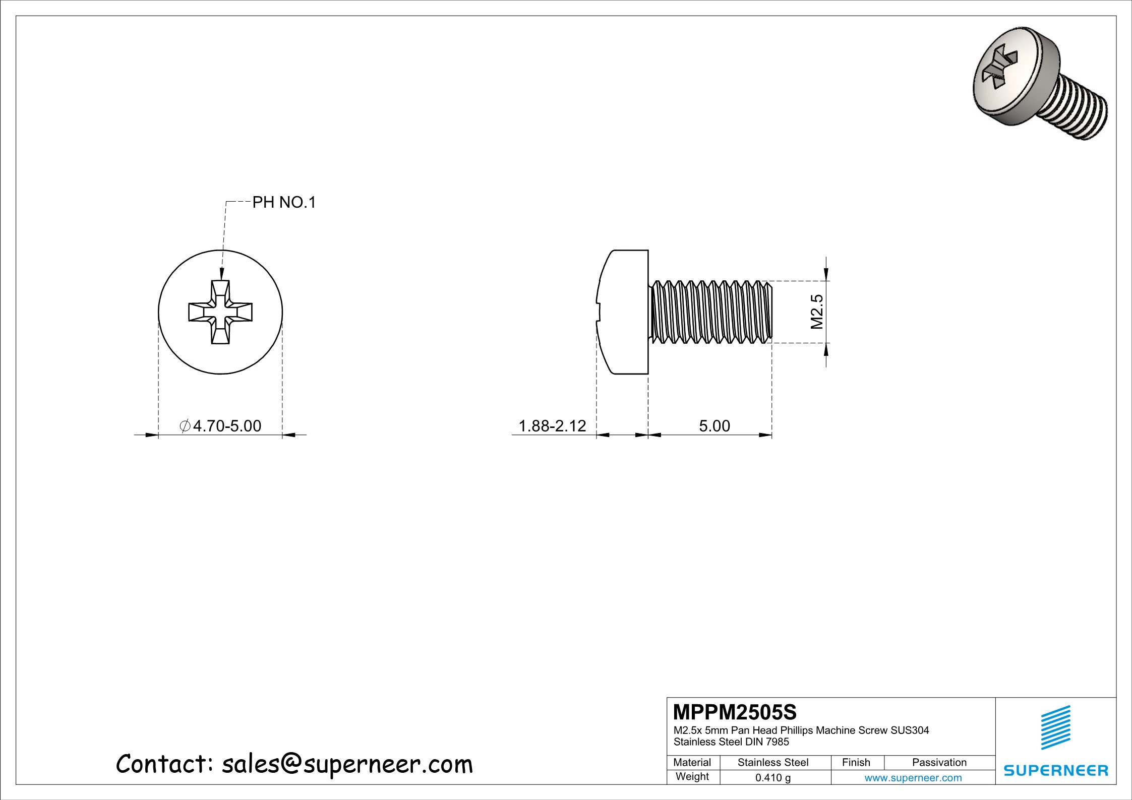 M2.5 x 5 mm  Pan Head Phillips Machine Screw SUS304 Stainless Steel Inox DIN 7985