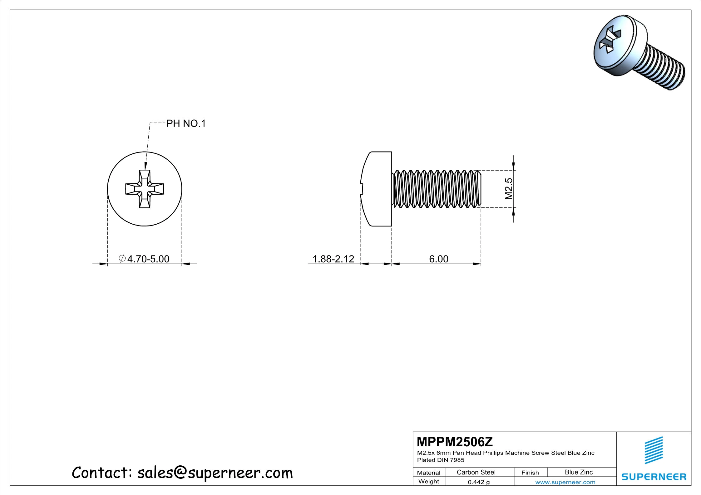 M2.5 x 6 mm Pan Head Phillips Machine Screw Steel Blue Zinc Plated DIN 7985