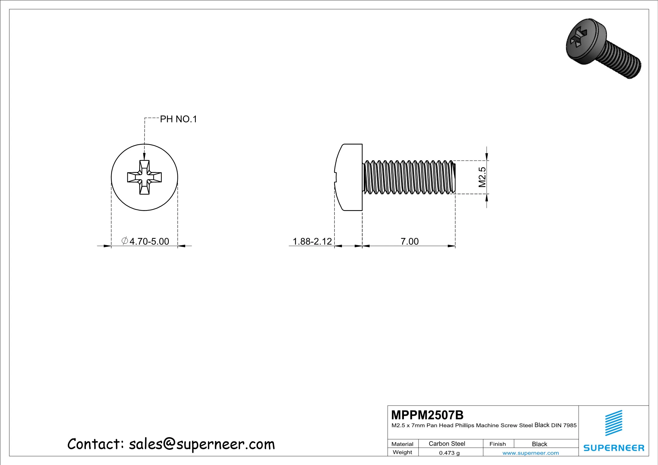 M2.5 x 7 mm Pan Head Phillips Machine Screw Steel Black DIN 7985