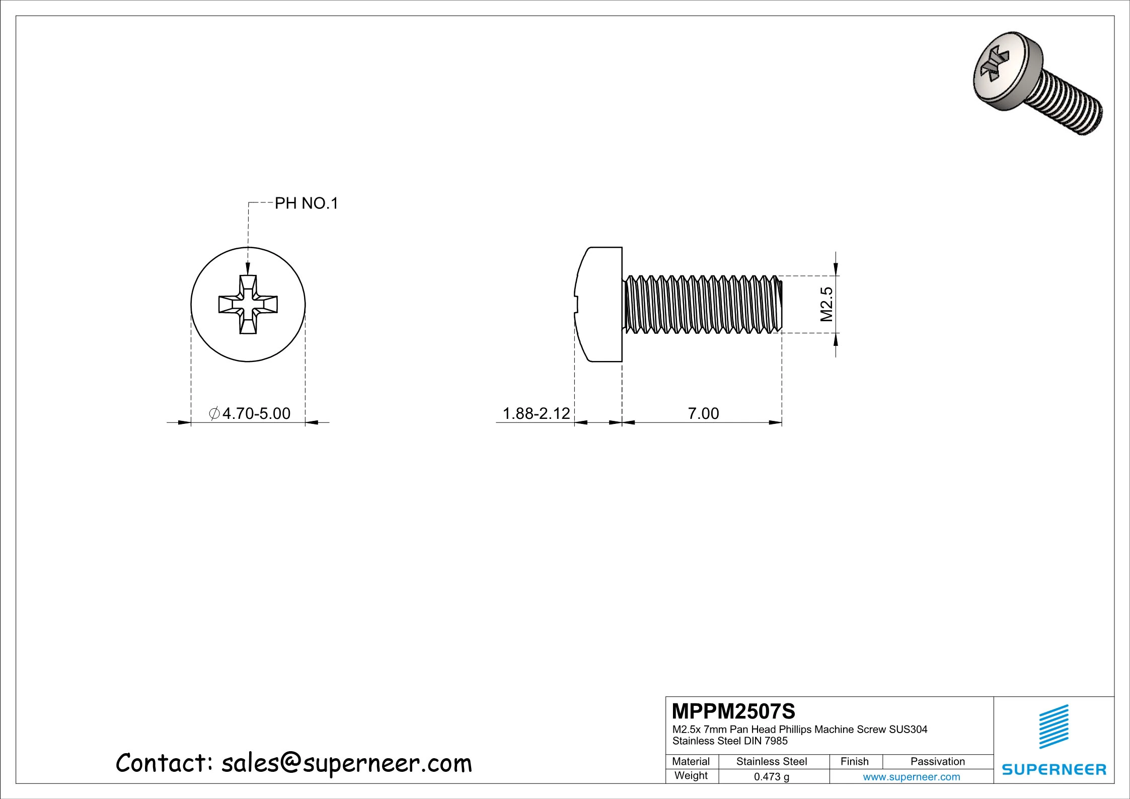 M2.5 x 7 mm  Pan Head Phillips Machine Screw SUS304 Stainless Steel Inox DIN 7985