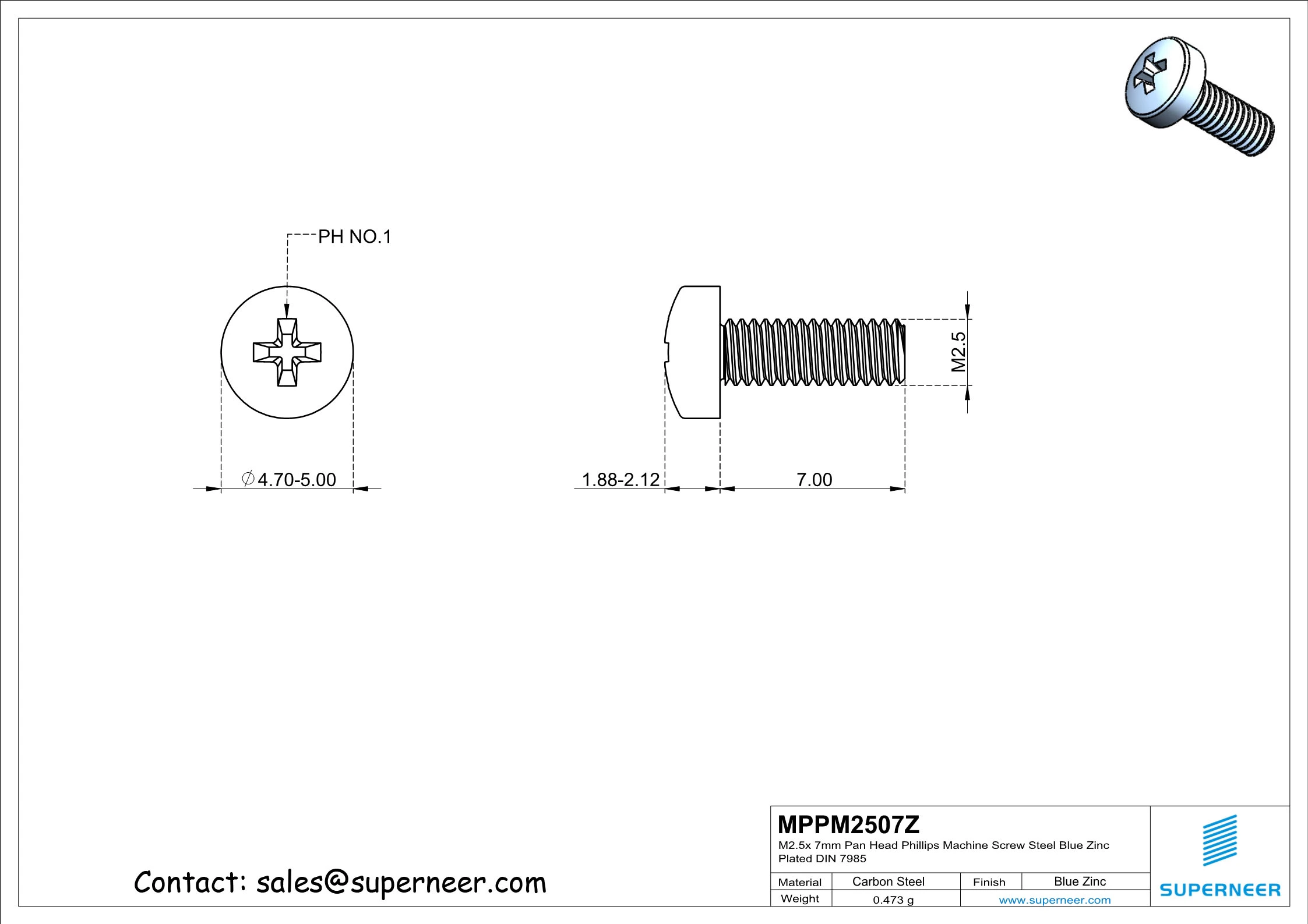M2.5 x 7 mm Pan Head Phillips Machine Screw Steel Blue Zinc Plated DIN 7985