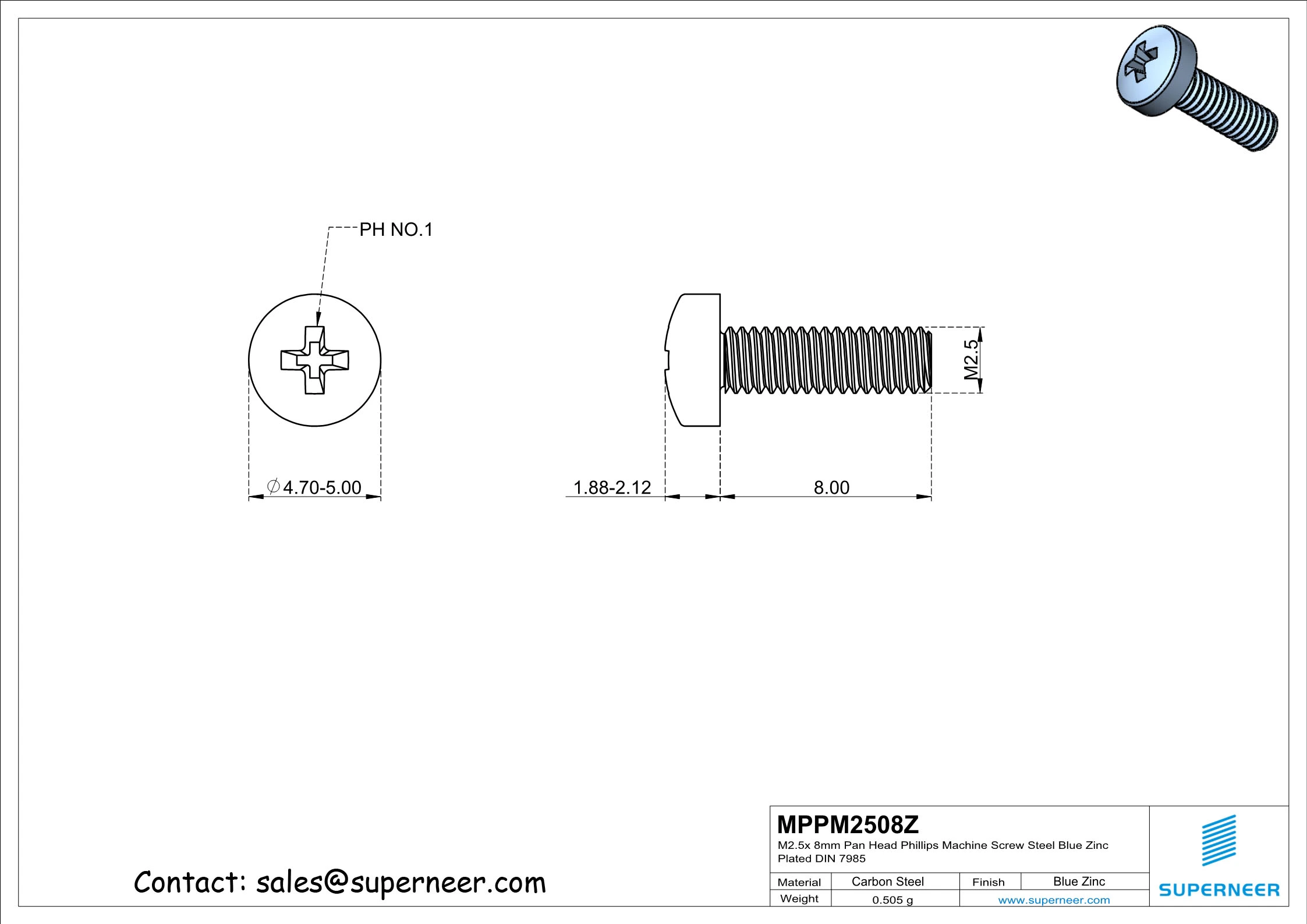 M2.5 x 8 mm Pan Head Phillips Machine Screw Steel Blue Zinc Plated DIN 7985
