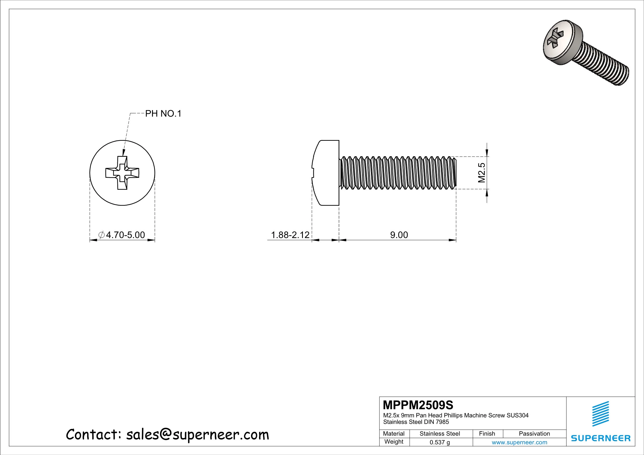 M2.5 x 9 mm  Pan Head Phillips Machine Screw SUS304 Stainless Steel Inox DIN 7985
