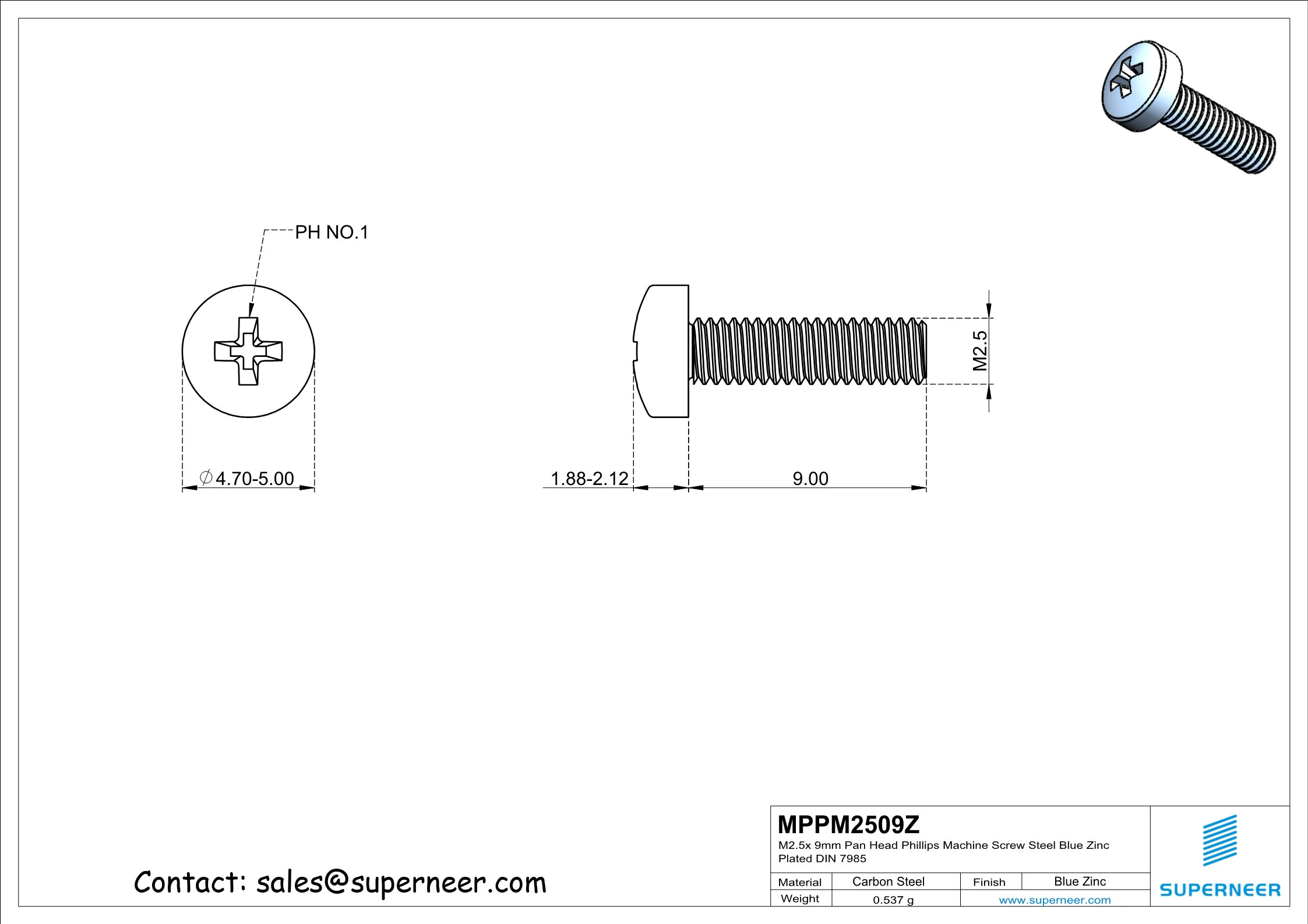 M2.5 x 9 mm Pan Head Phillips Machine Screw Steel Blue Zinc Plated DIN 7985