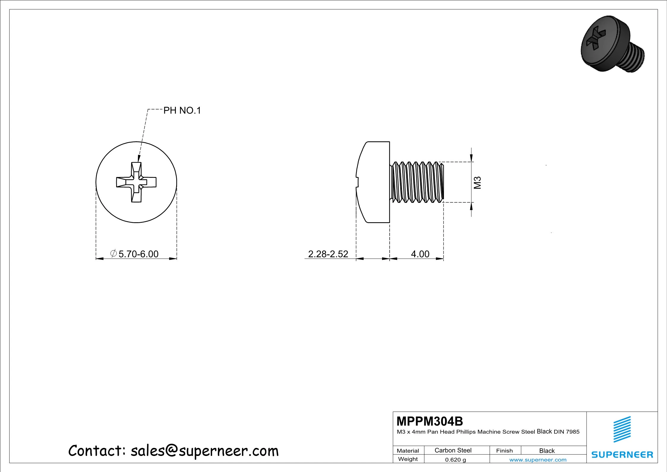 M3 x 4 mm Pan Head Phillips Machine Screw Steel Black DIN 7985