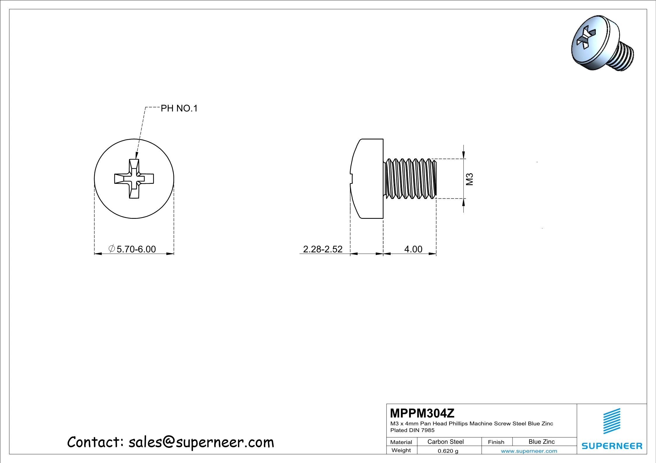 M3 x 4 mm Pan Head Phillips Machine Screw Steel Blue Zinc Plated DIN 7985