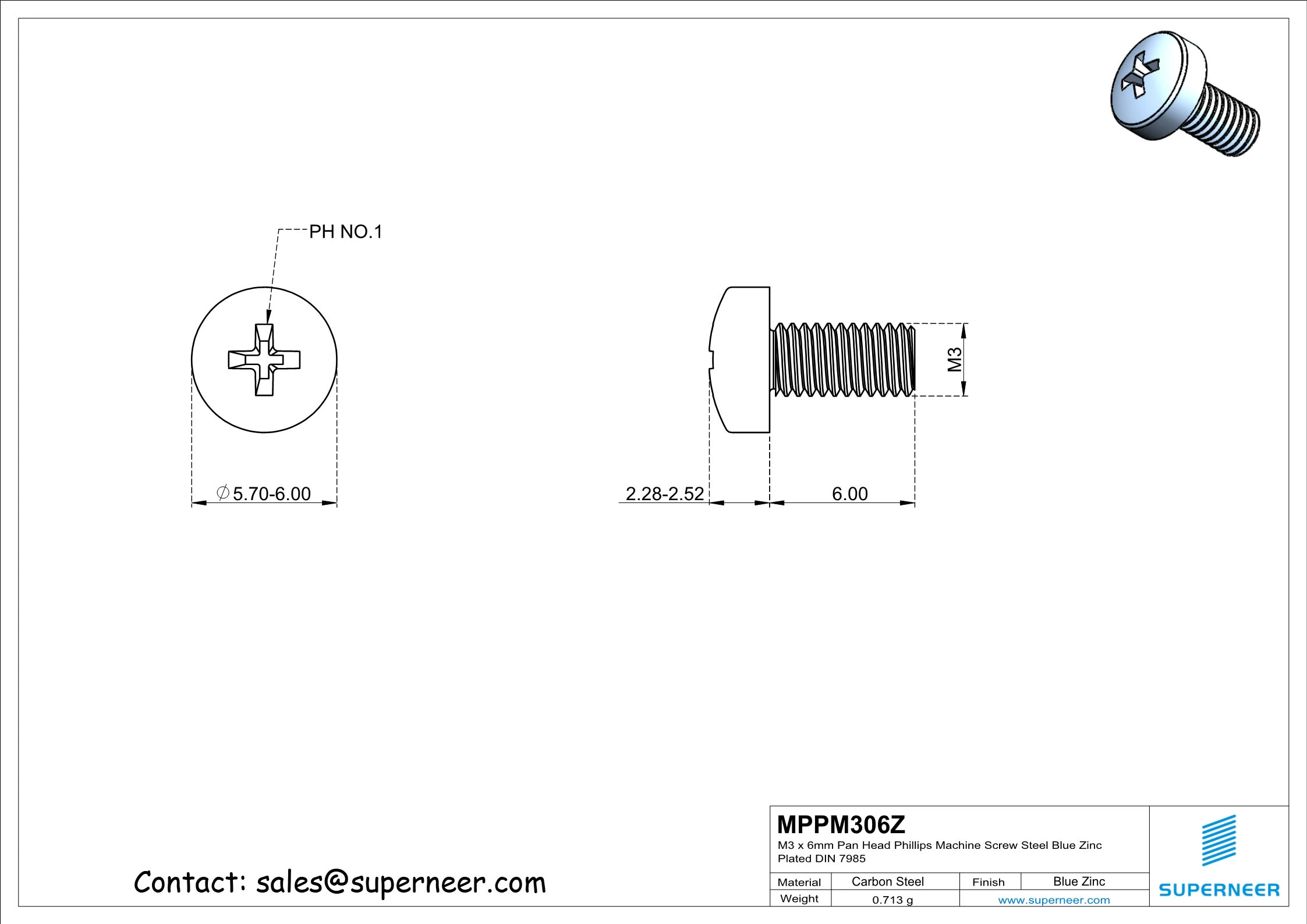M3 x 6 mm Pan Head Phillips Machine Screw Steel Blue Zinc Plated DIN 7985