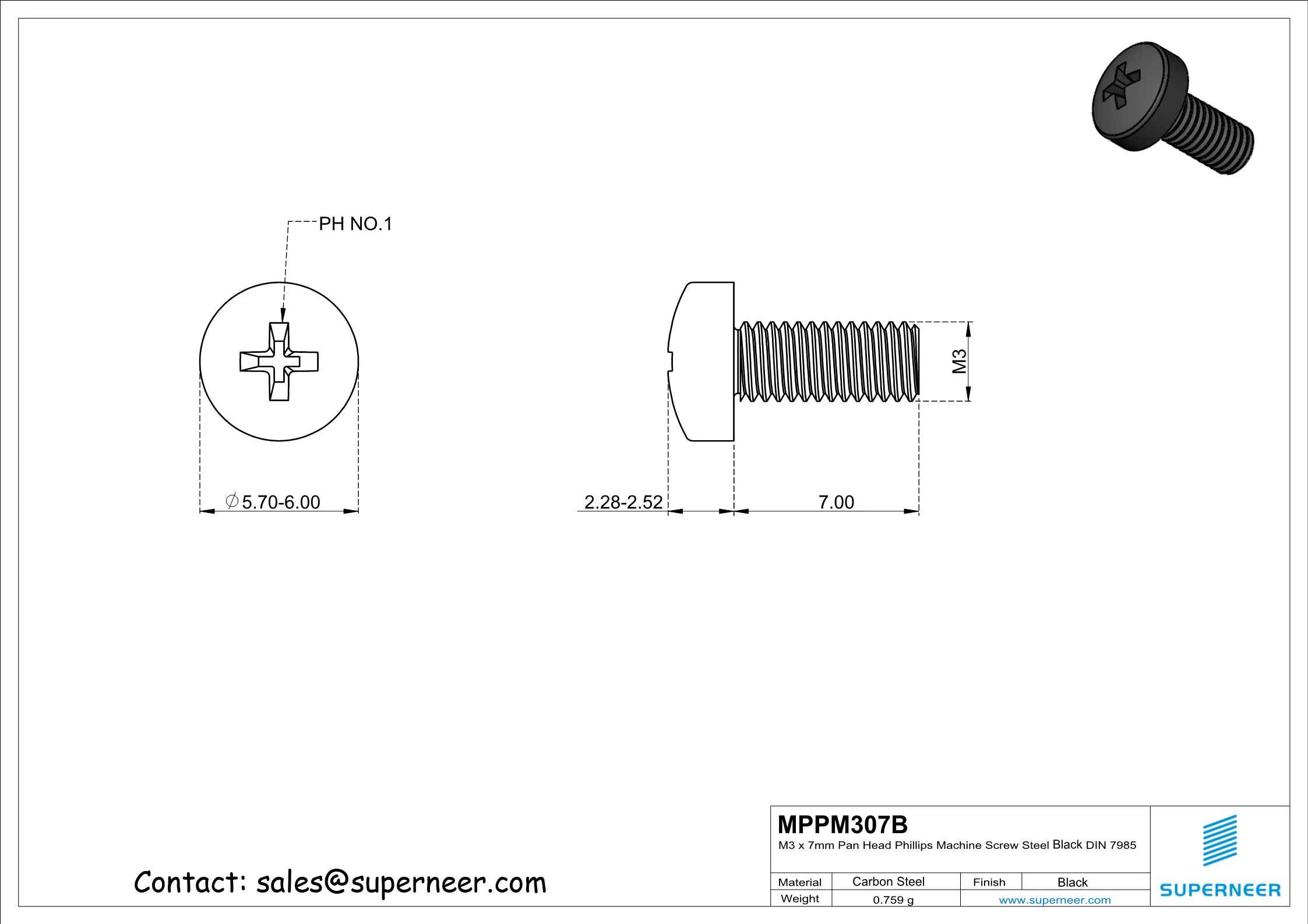 M3 x 7 mm Pan Head Phillips Machine Screw Steel Black DIN 7985