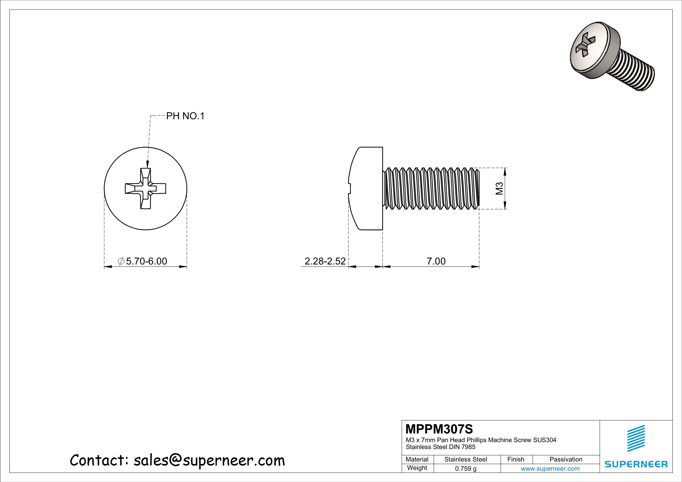 M3 x 7 mm  Pan Head Phillips Machine Screw SUS304 Stainless Steel Inox DIN 7985