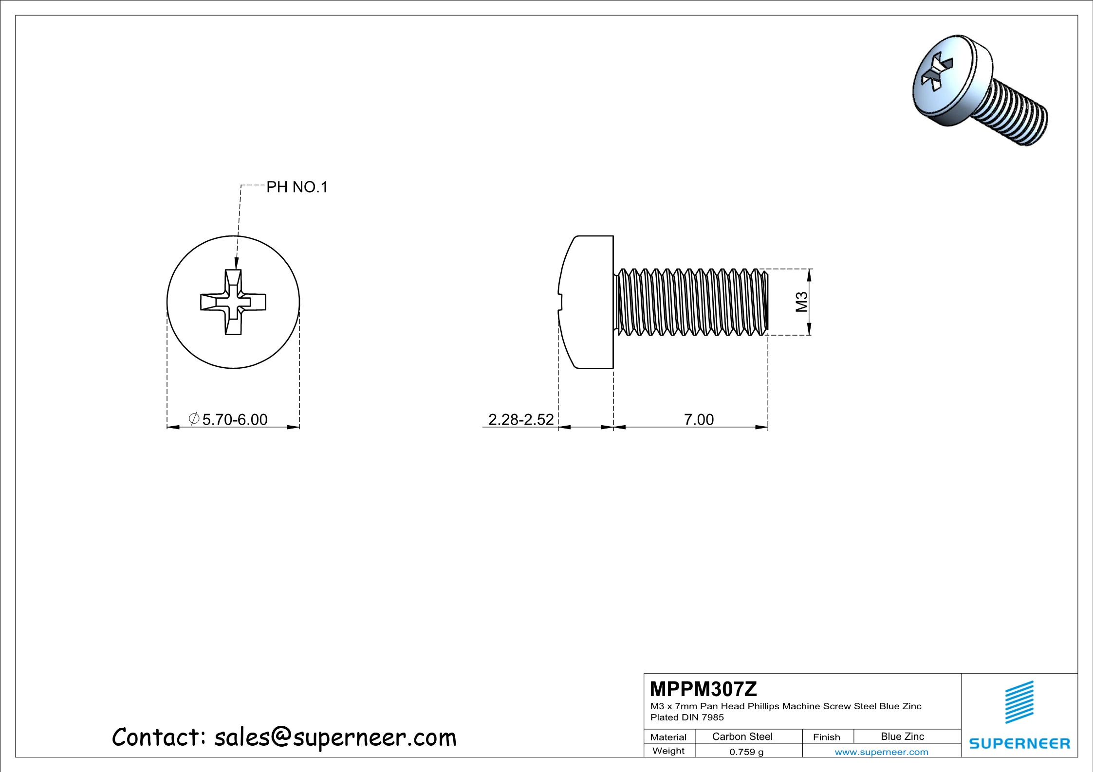 M3 x 7 mm Pan Head Phillips Machine Screw Steel Blue Zinc Plated DIN 7985