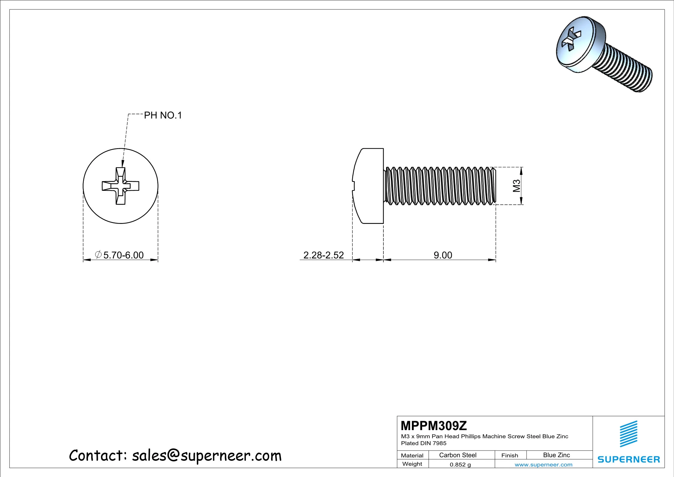M3 x 9 mm Pan Head Phillips Machine Screw Steel Blue Zinc Plated DIN 7985