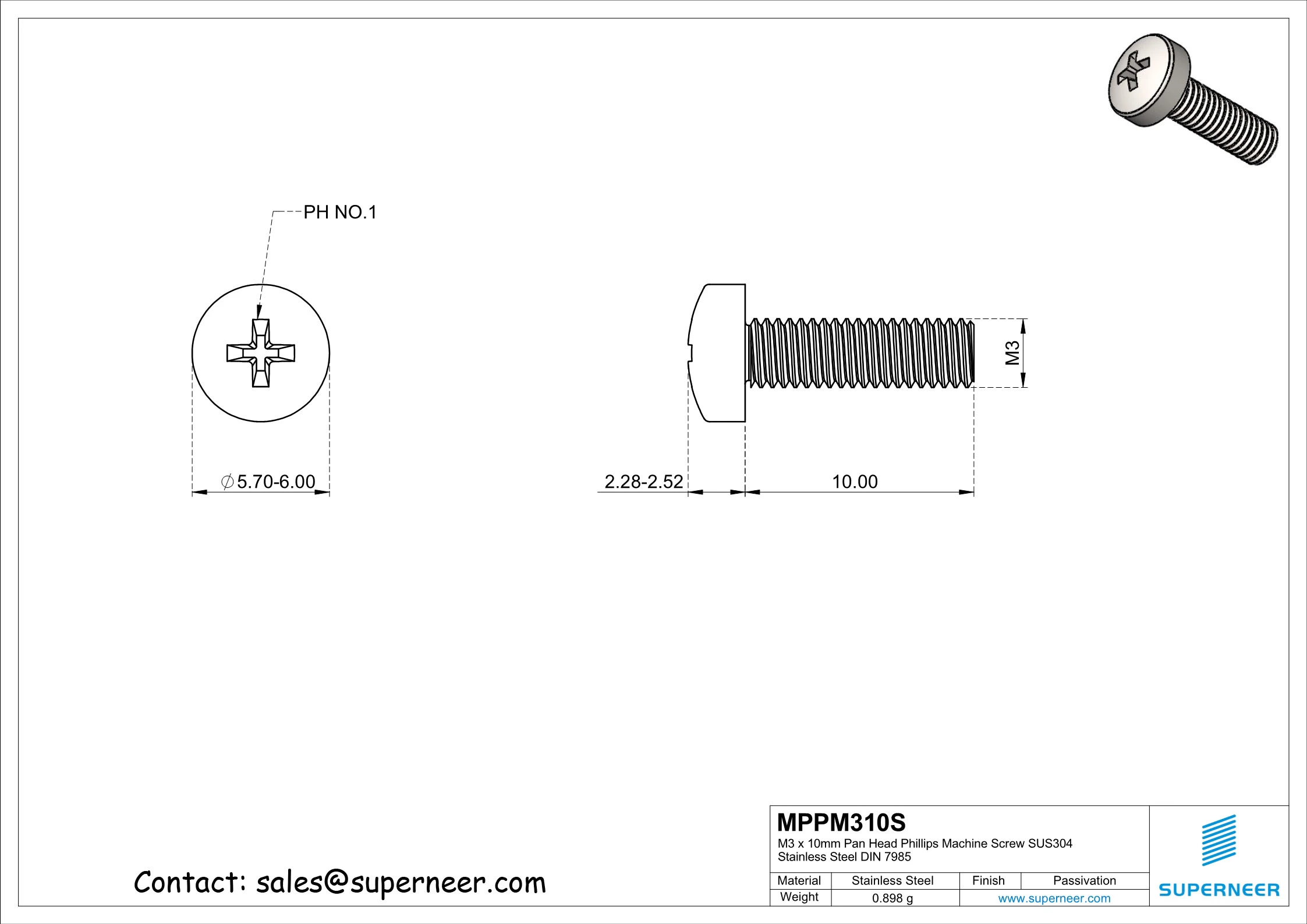 M3 x 10 mm  Pan Head Phillips Machine Screw SUS304 Stainless Steel Inox DIN 7985