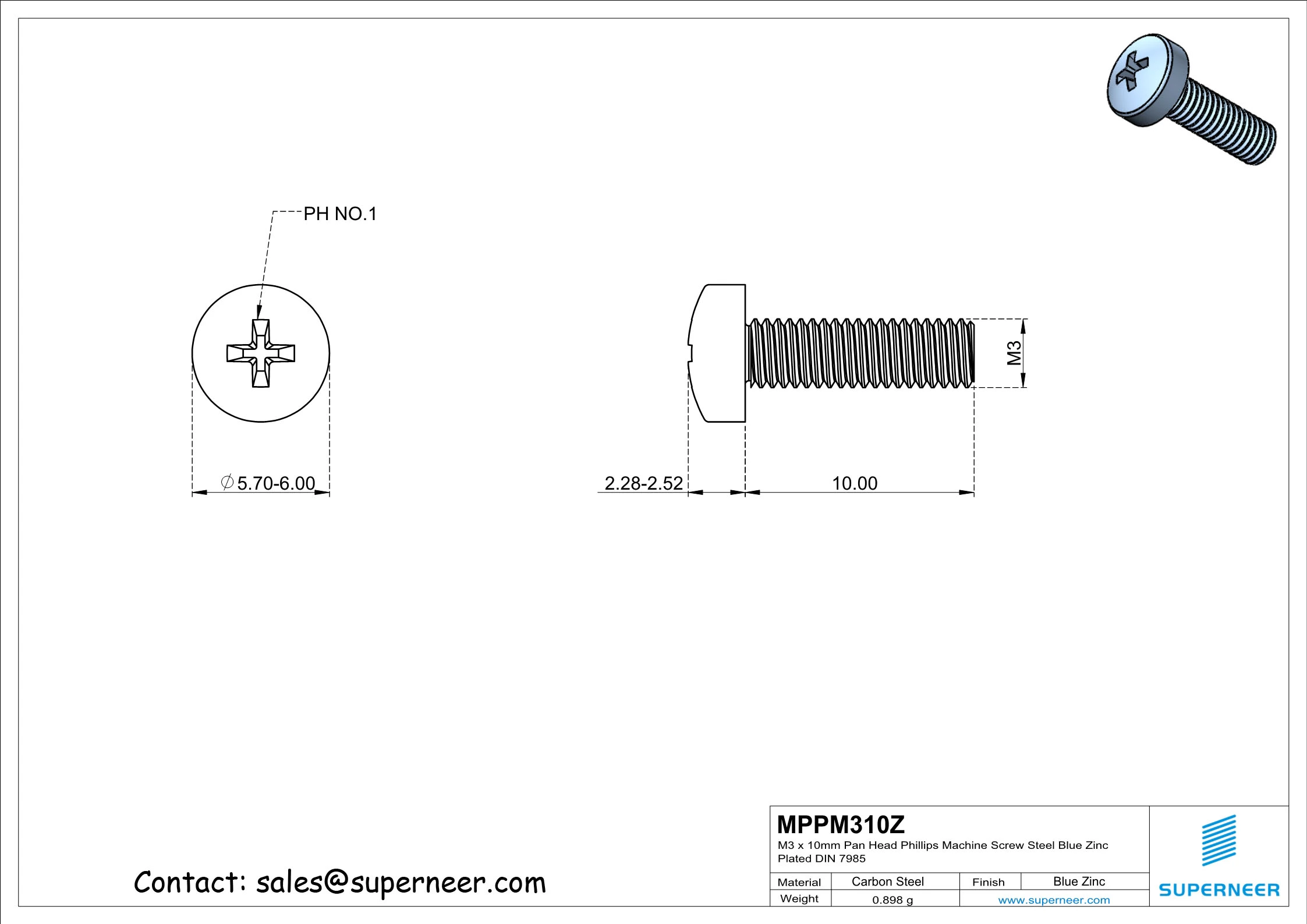 M3 x 10 mm Pan Head Phillips Machine Screw Steel Blue Zinc Plated DIN 7985
