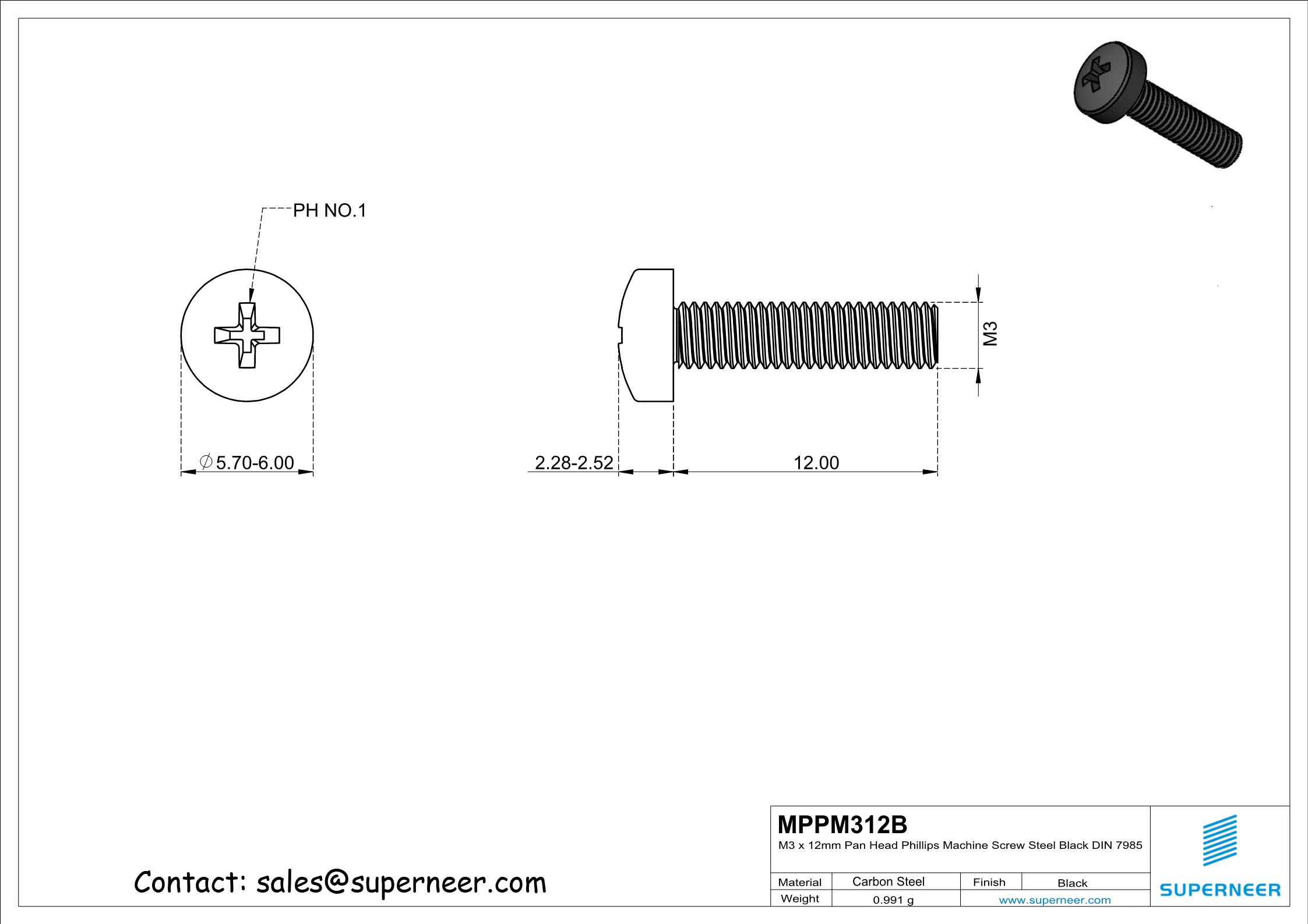 M3 x 12 mm Pan Head Phillips Machine Screw Steel Black DIN 7985