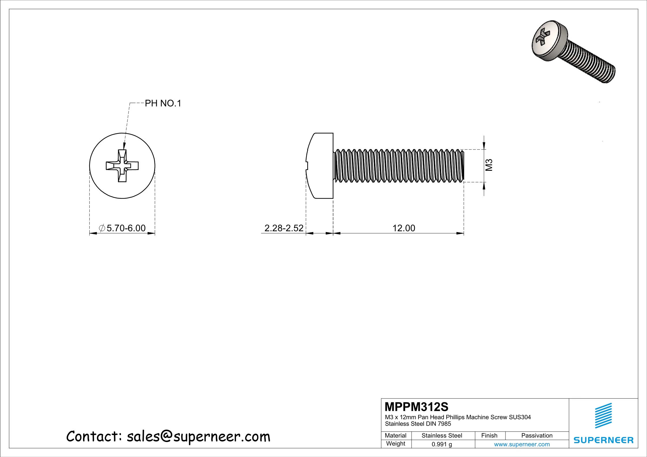 M3 x 12 mm  Pan Head Phillips Machine Screw SUS304 Stainless Steel Inox DIN 7985