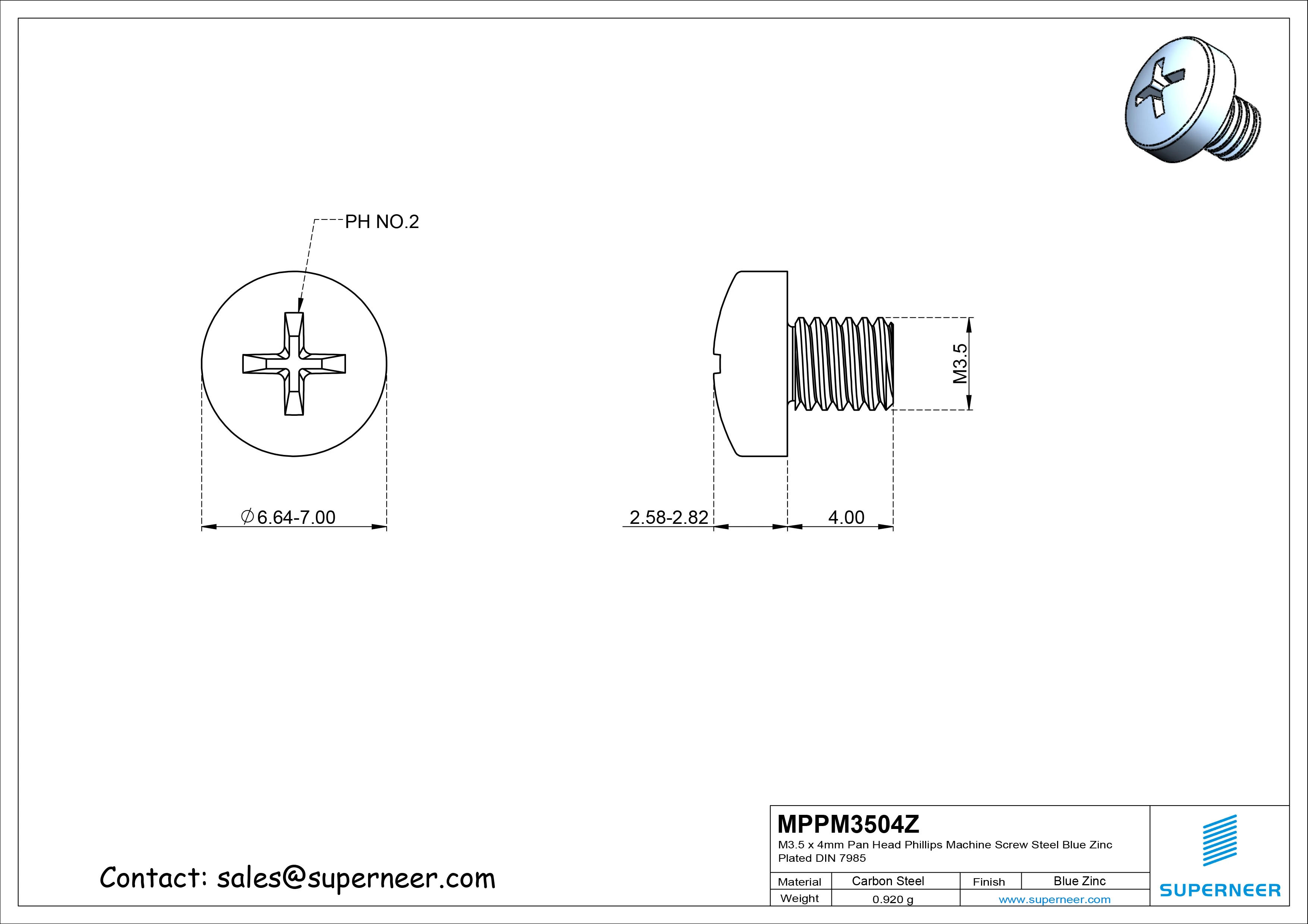 M3.5 x 4 mm Pan Head Phillips Machine Screw Steel Blue Zinc Plated DIN 7985
