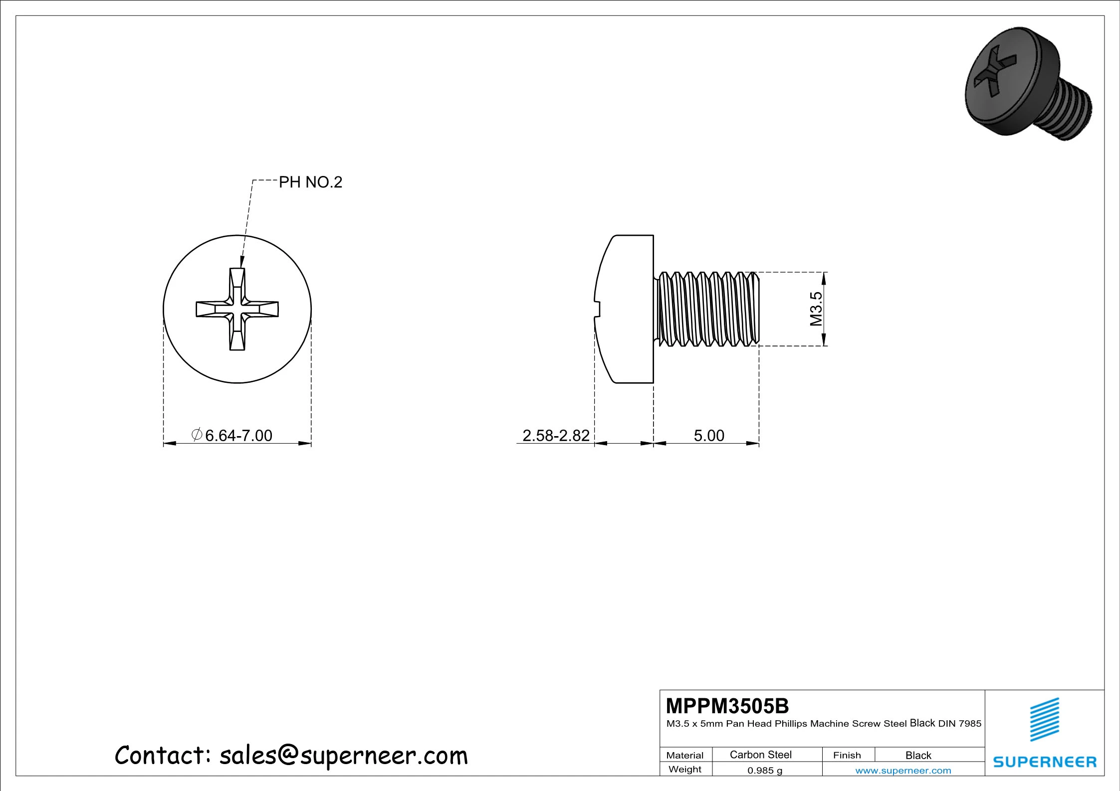 M3.5 x 5 mm Pan Head Phillips Machine Screw Steel Black DIN 7985