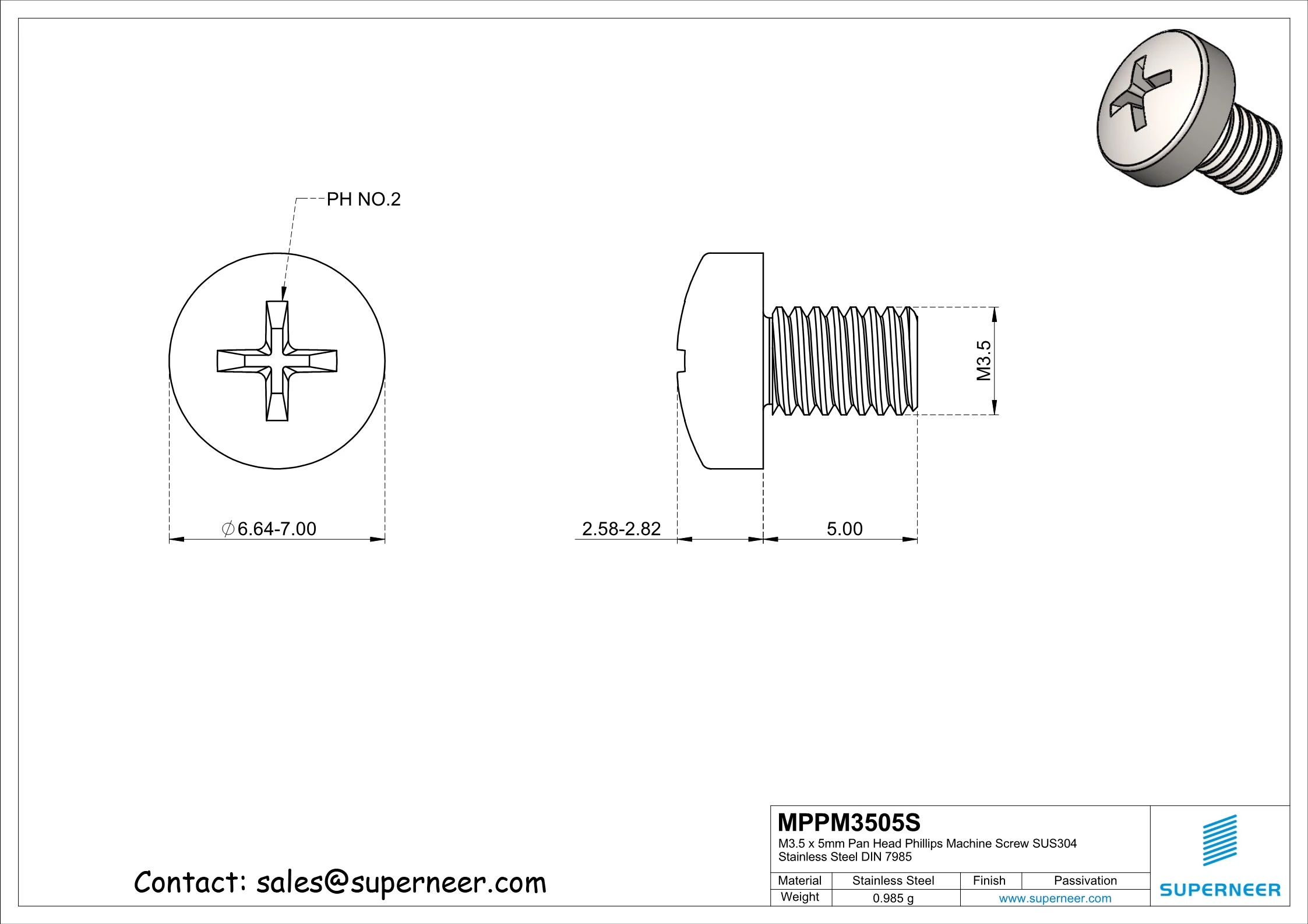 M3.5 x 5 mm  Pan Head Phillips Machine Screw SUS304 Stainless Steel Inox DIN 7985