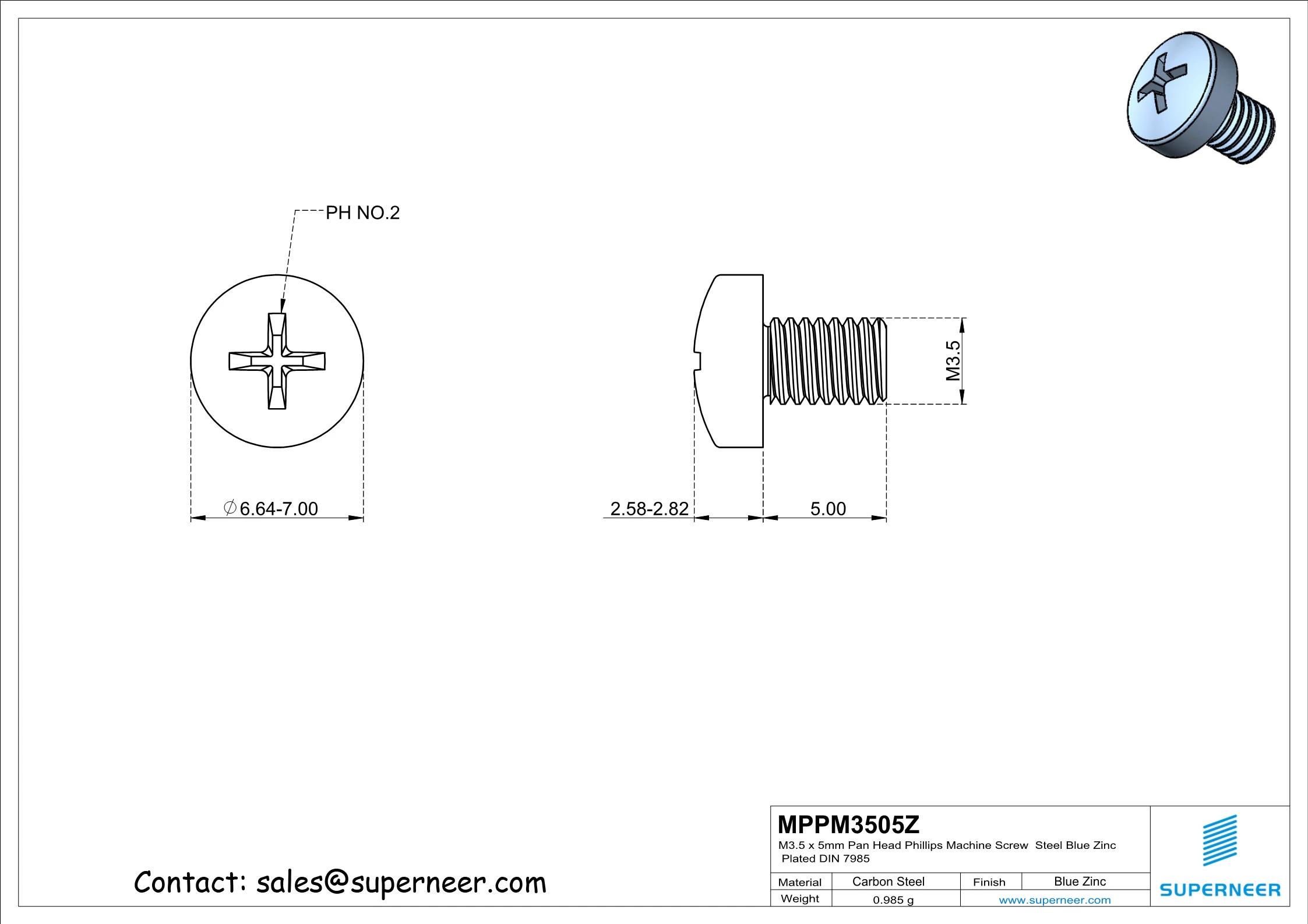 M3.5 x 5 mm Pan Head Phillips Machine Screw Steel Blue Zinc Plated DIN 7985