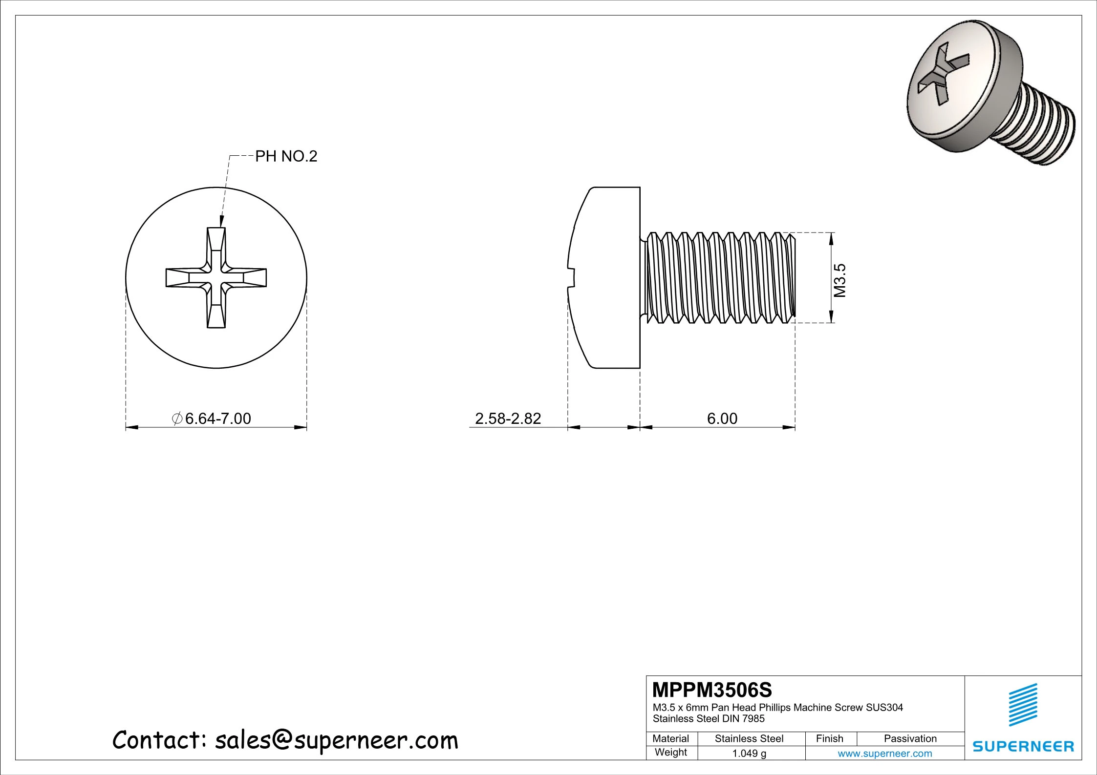M3.5 x 6 mm  Pan Head Phillips Machine Screw SUS304 Stainless Steel Inox DIN 7985