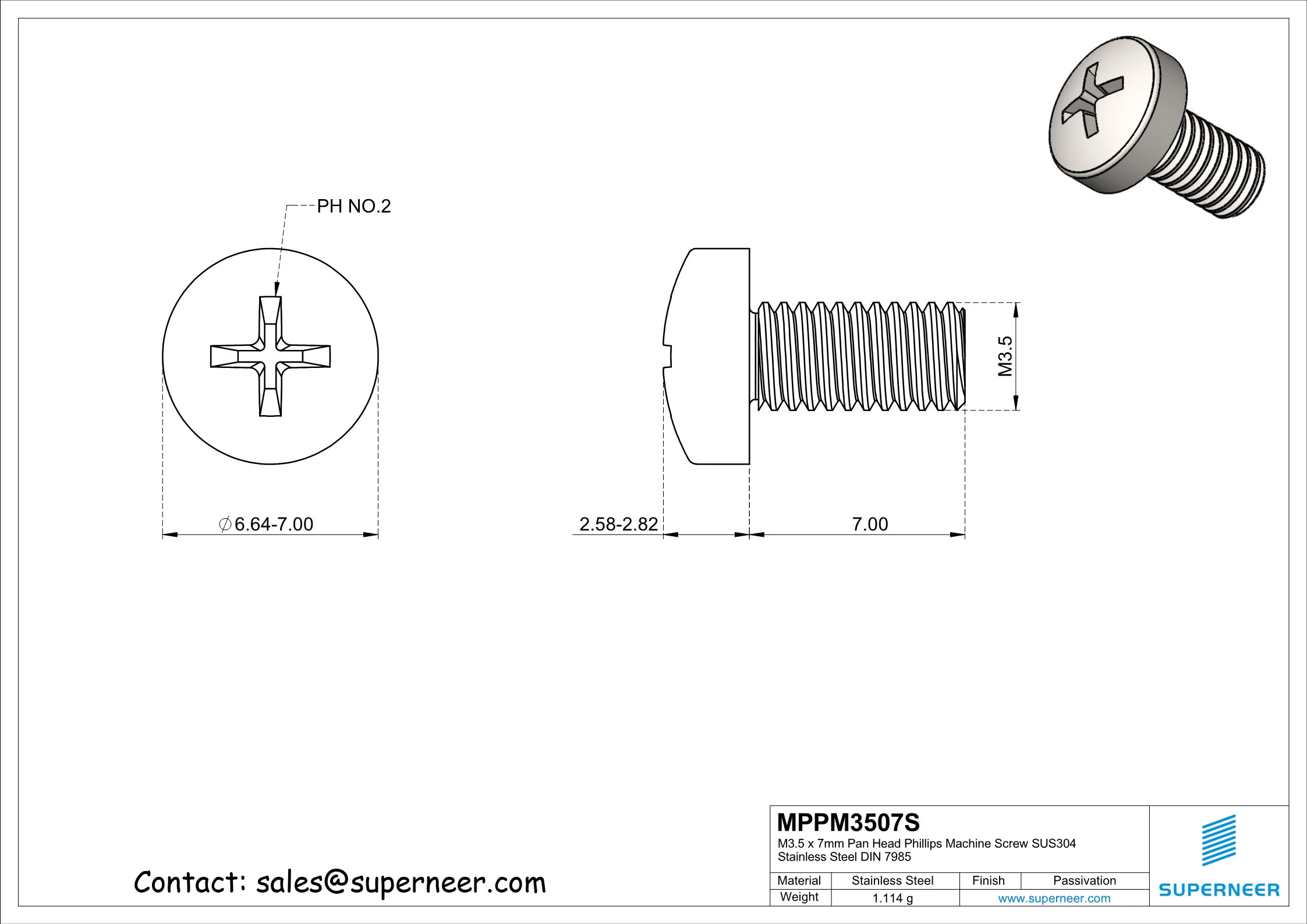 M3.5 x 7 mm  Pan Head Phillips Machine Screw SUS304 Stainless Steel Inox DIN 7985