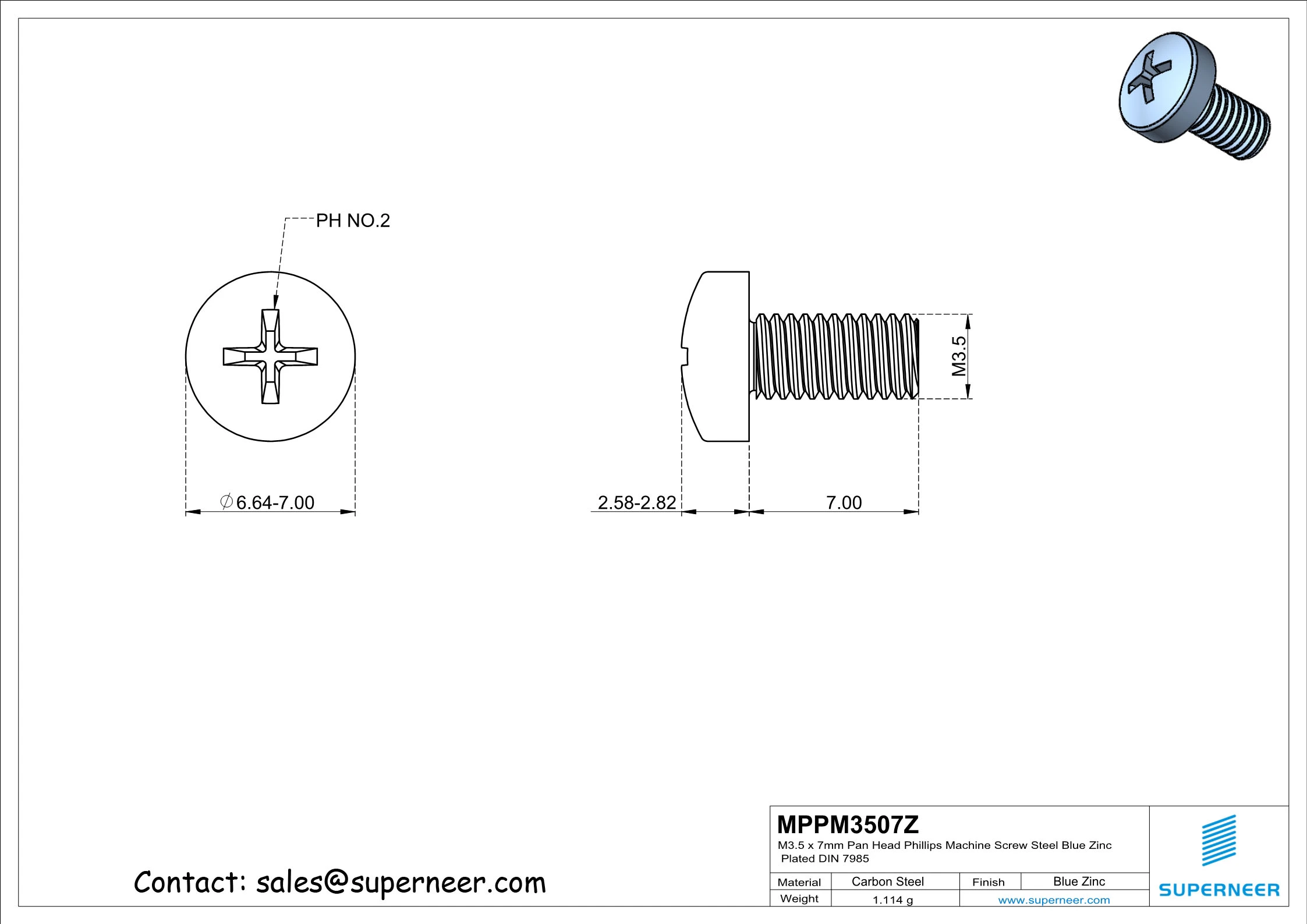 M3.5 x 7 mm Pan Head Phillips Machine Screw Steel Blue Zinc Plated DIN 7985