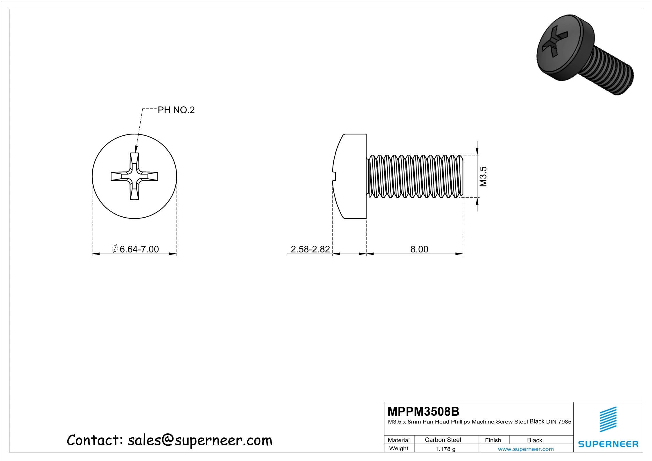 M3.5 x 8 mm Pan Head Phillips Machine Screw Steel Black DIN 7985