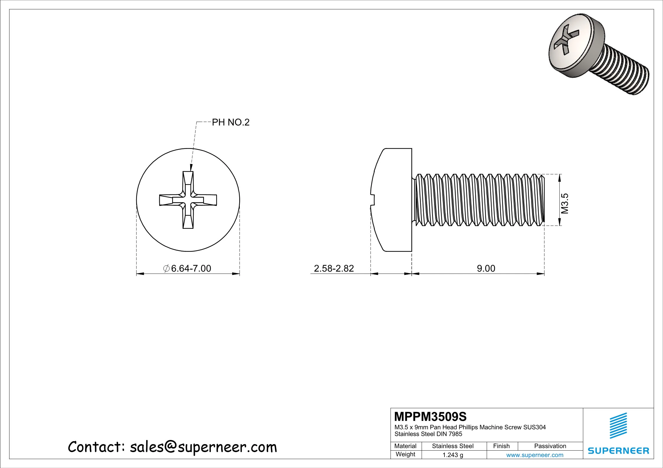 M3.5 x 9 mm Phillips Pan Head Screw SUS304 Stainless Steel Inox DIN 7985