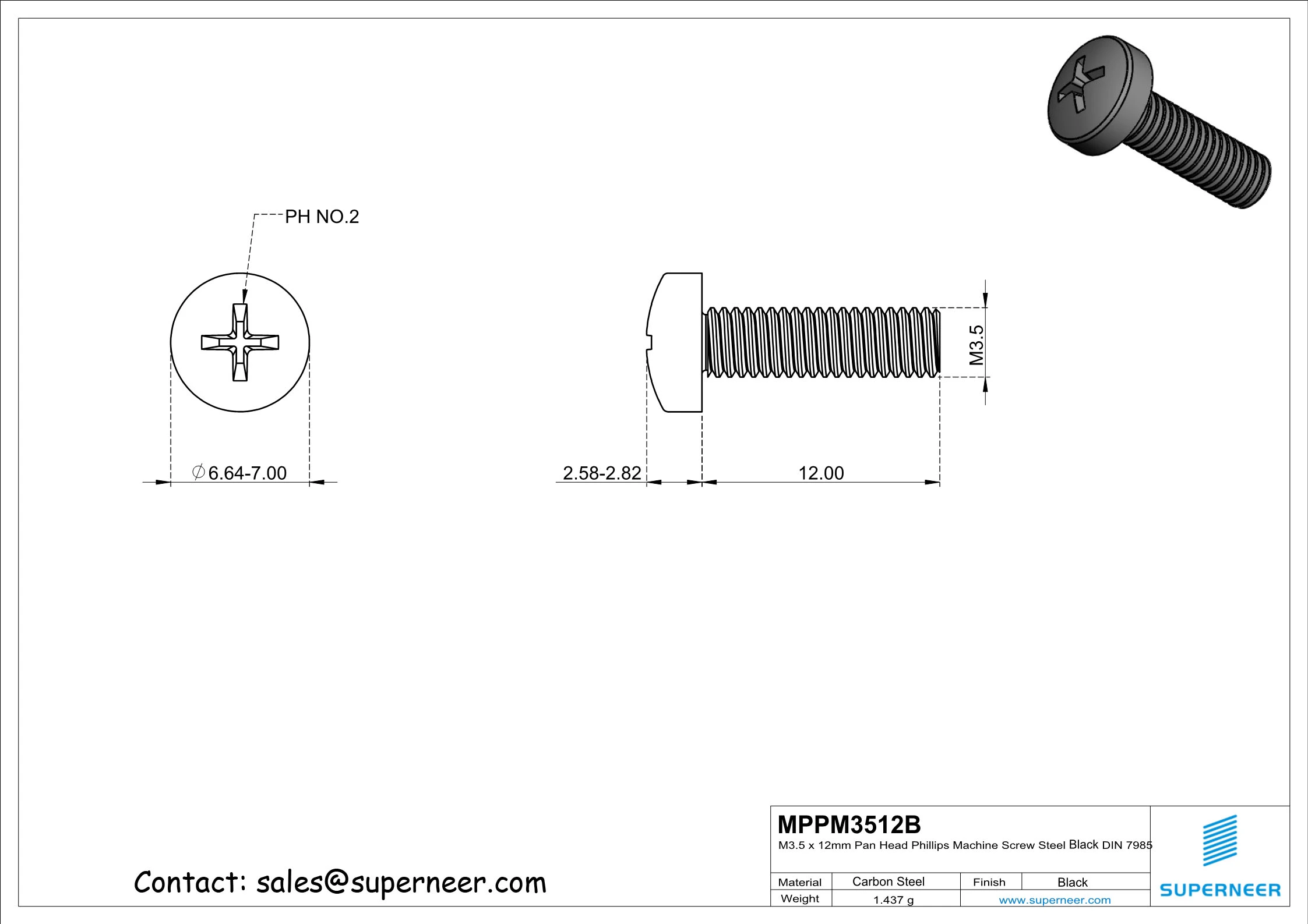 M3.5 x 12 mm Pan Head Phillips Machine Screw Steel Black DIN 7985