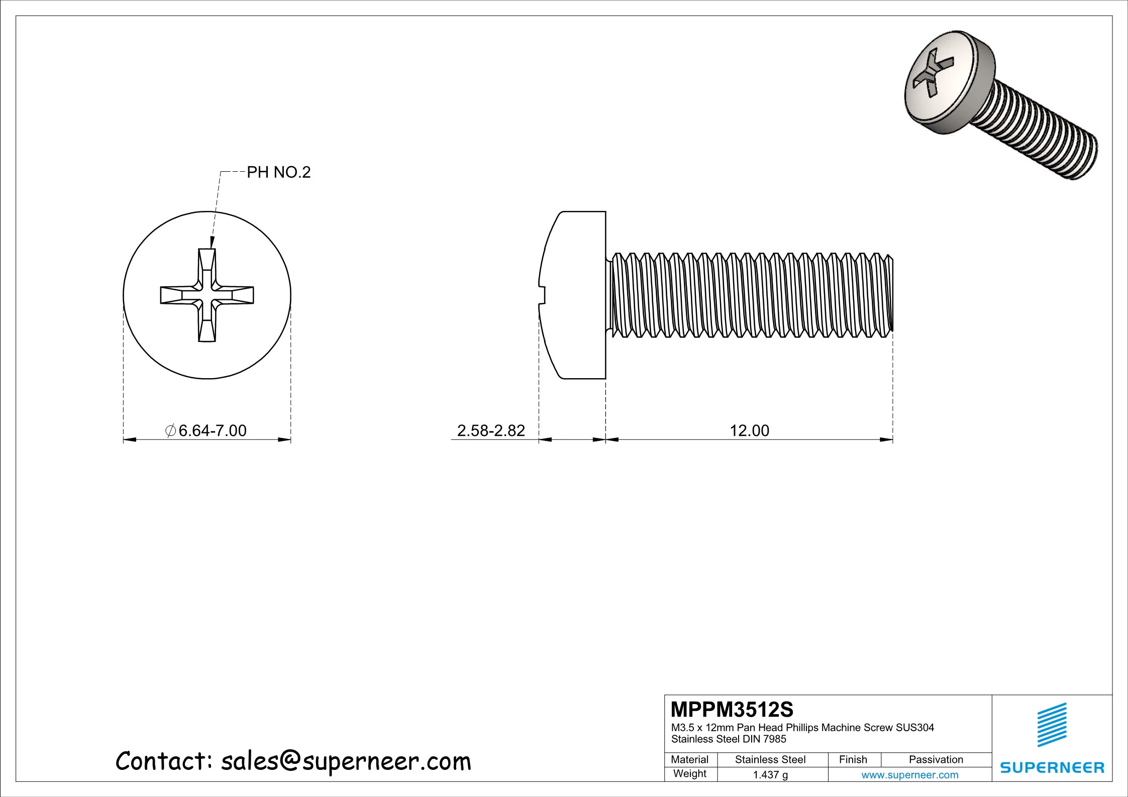 M3.5 x 12 mm Phillips Pan Head Screw SUS304 Stainless Steel Inox DIN 7985