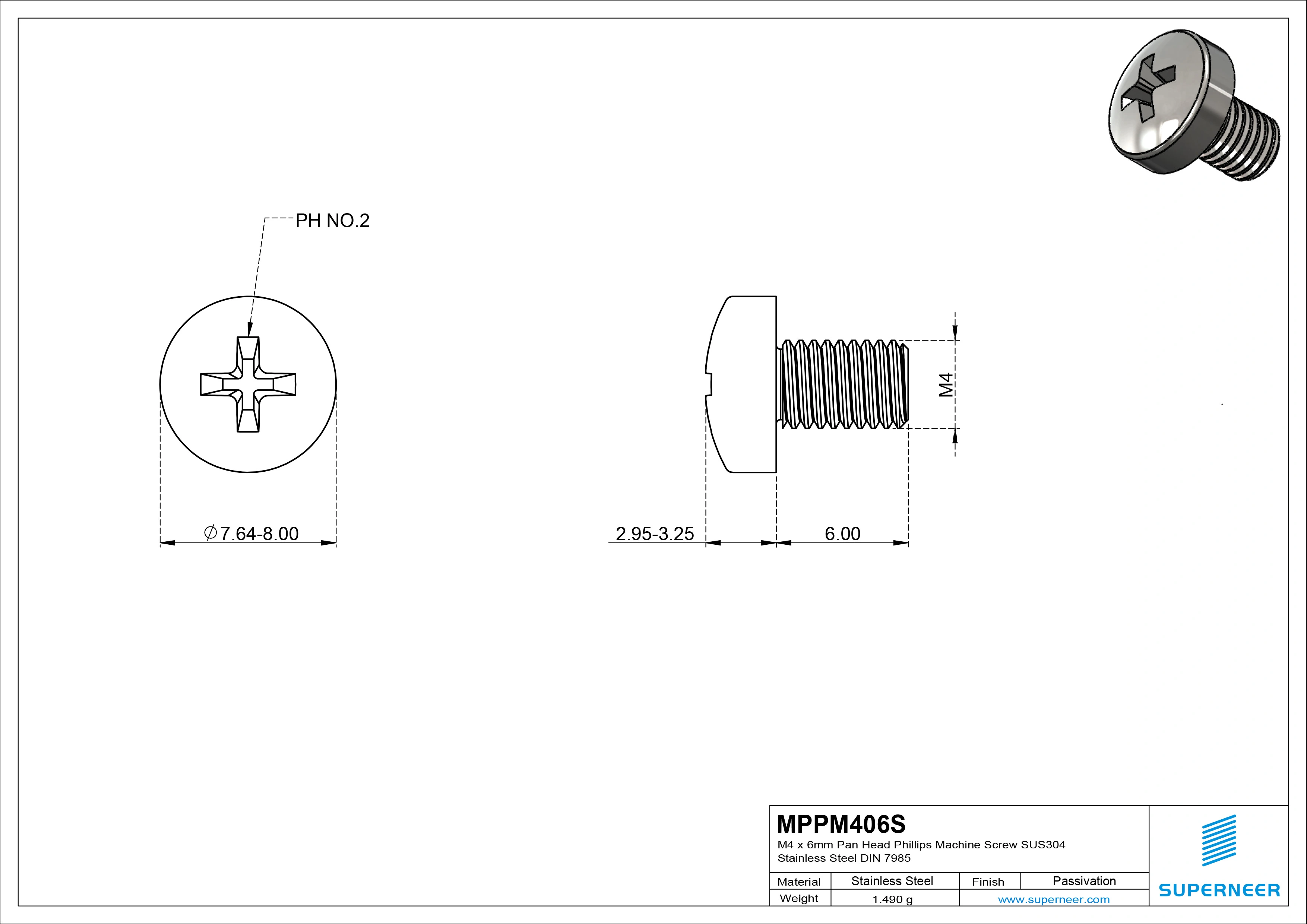 M4 x 6 mm  Pan Head Phillips Machine Screw SUS304 Stainless Steel Inox DIN 7985