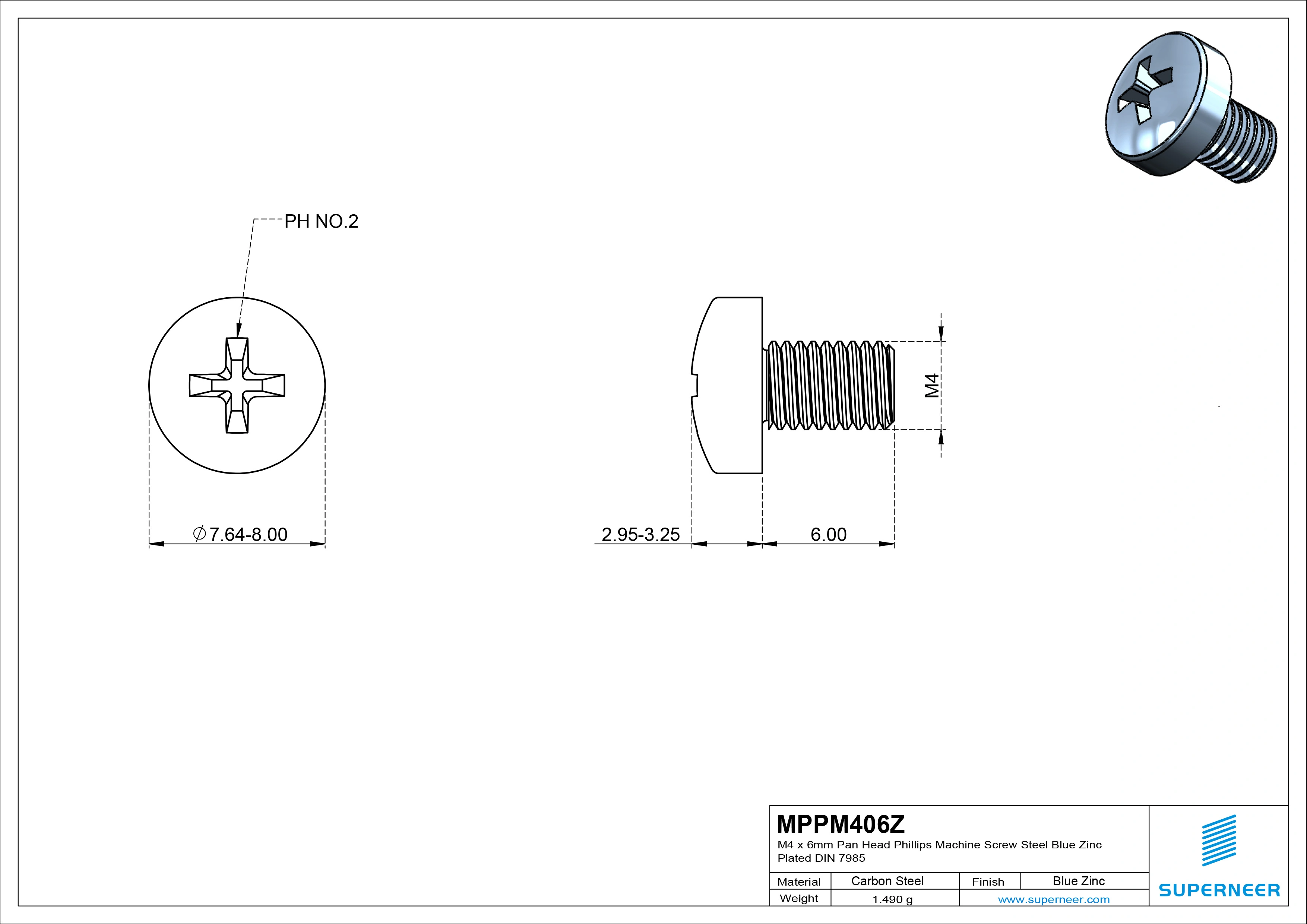 M4 x 6 mm Pan Head Phillips Machine Screw Steel Blue Zinc Plated DIN 7985