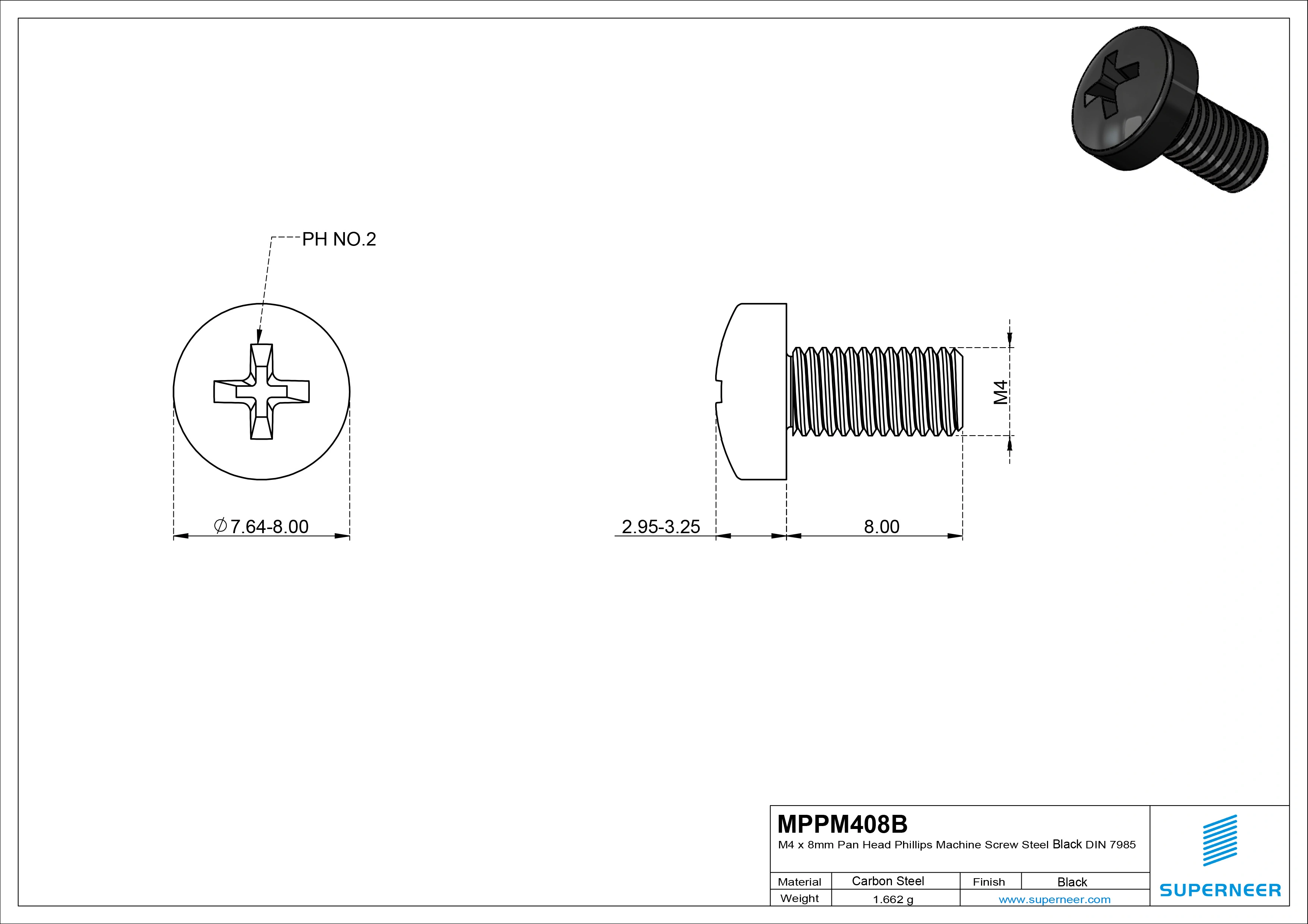 M4 x 8 mm Pan Head Phillips Machine Screw Steel Black DIN 7985