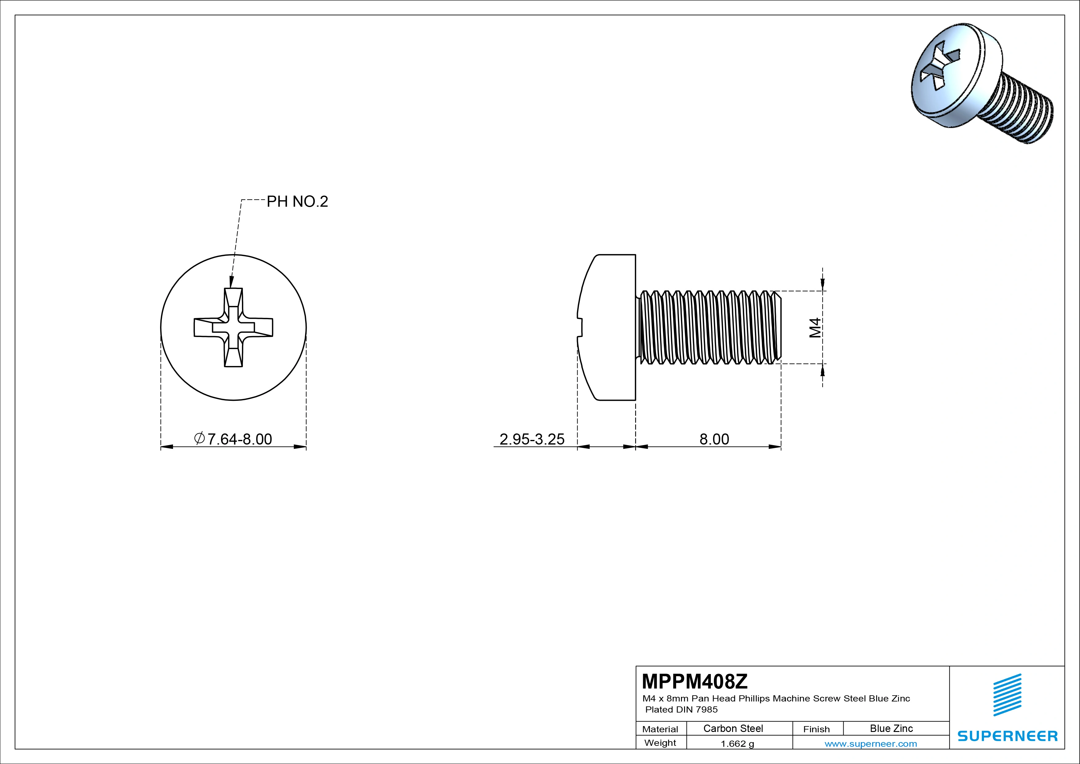M4 x 8 mm Pan Head Phillips Machine Screw Steel Blue Zinc Plated DIN 7985
