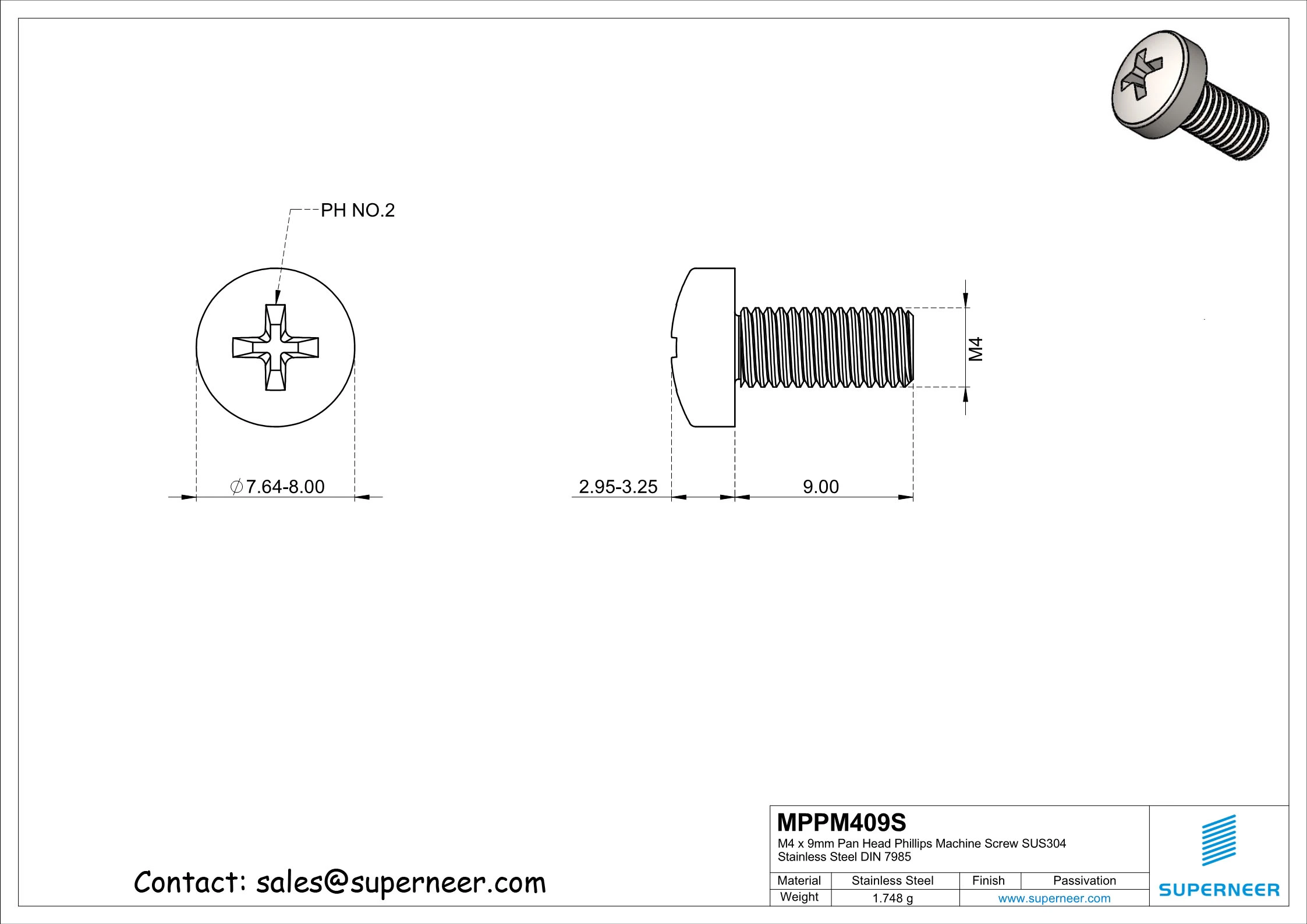 M4 x 9 mm  Pan Head Phillips Machine Screw SUS304 Stainless Steel Inox DIN 7985