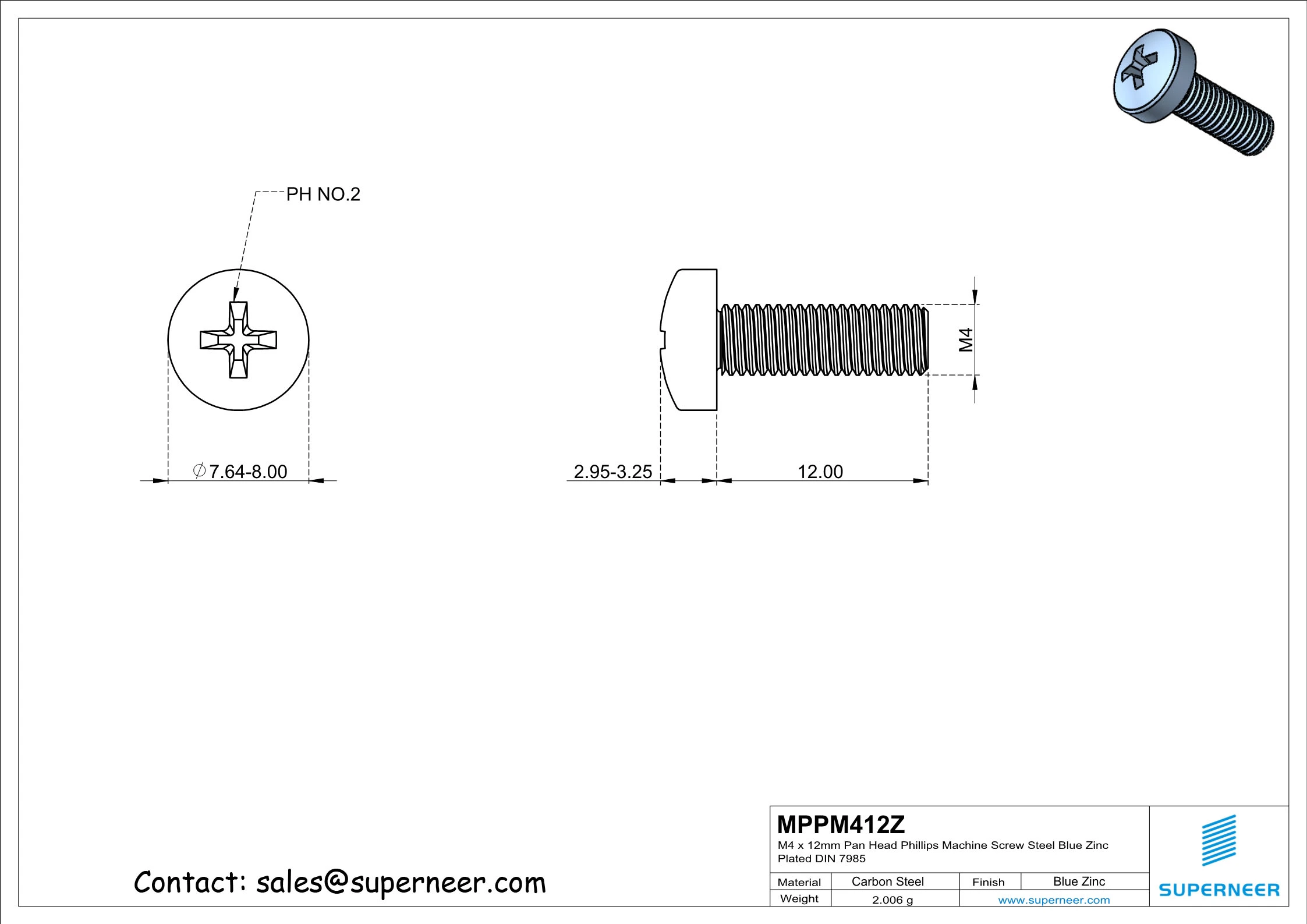 M4 x 12 mm Pan Head Phillips Machine Screw Steel Blue Zinc Plated DIN 7985