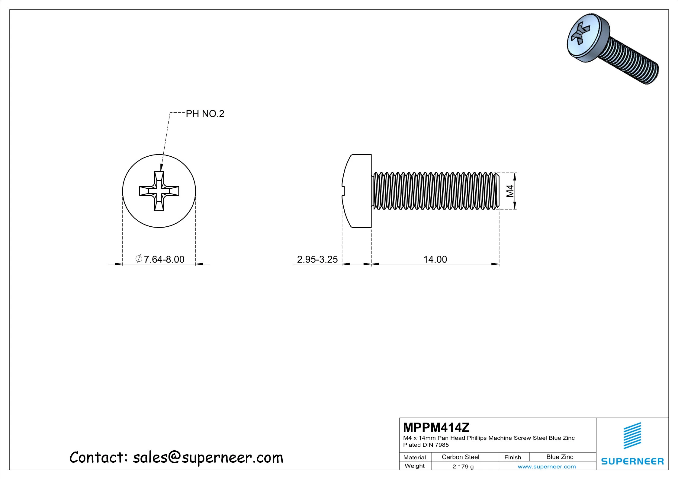 M4 x 14 mm Pan Head Phillips Machine Screw Steel Blue Zinc Plated DIN 7985