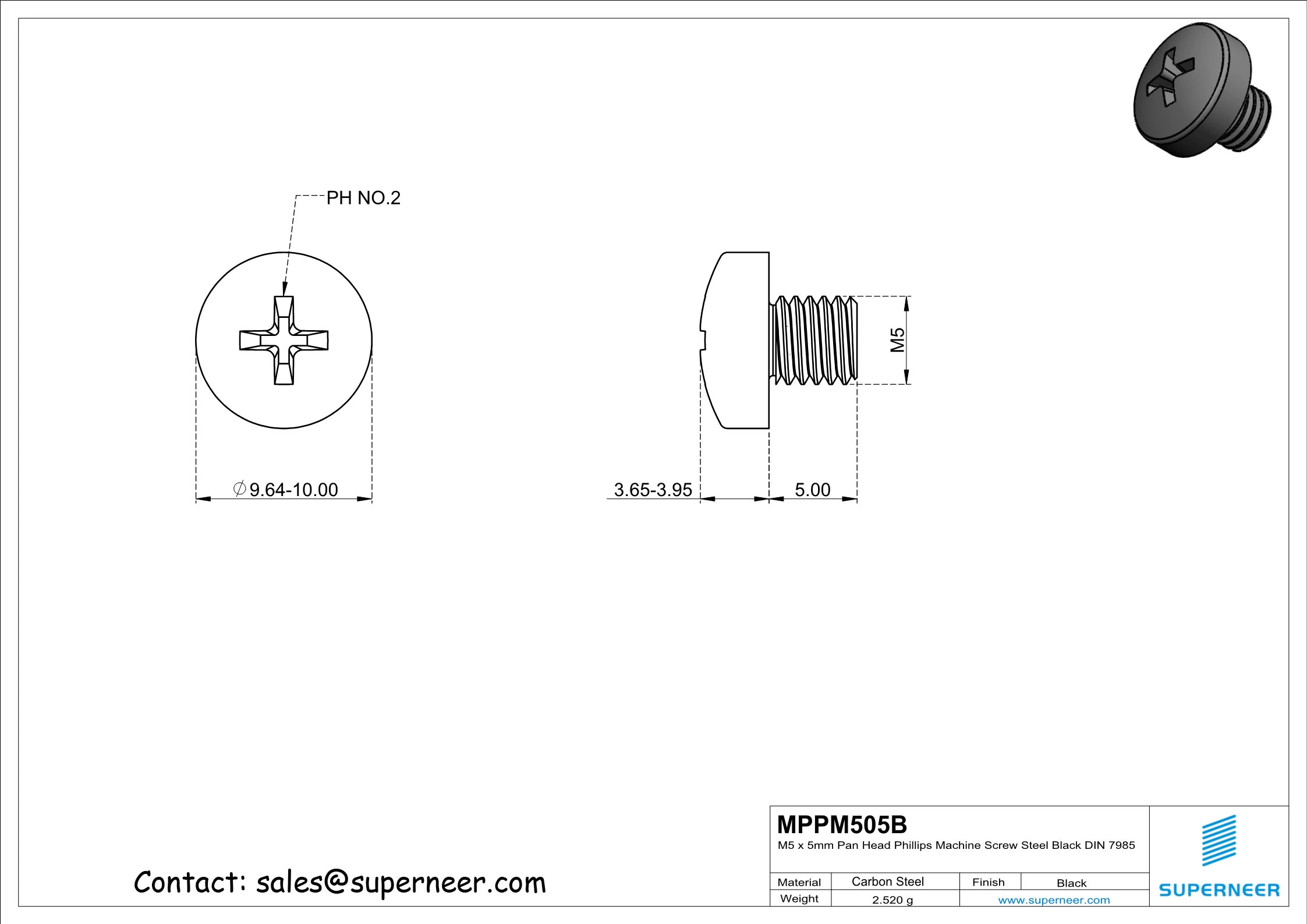 M5 x 5 mm Pan Head Phillips Machine Screw Steel Black DIN 7985