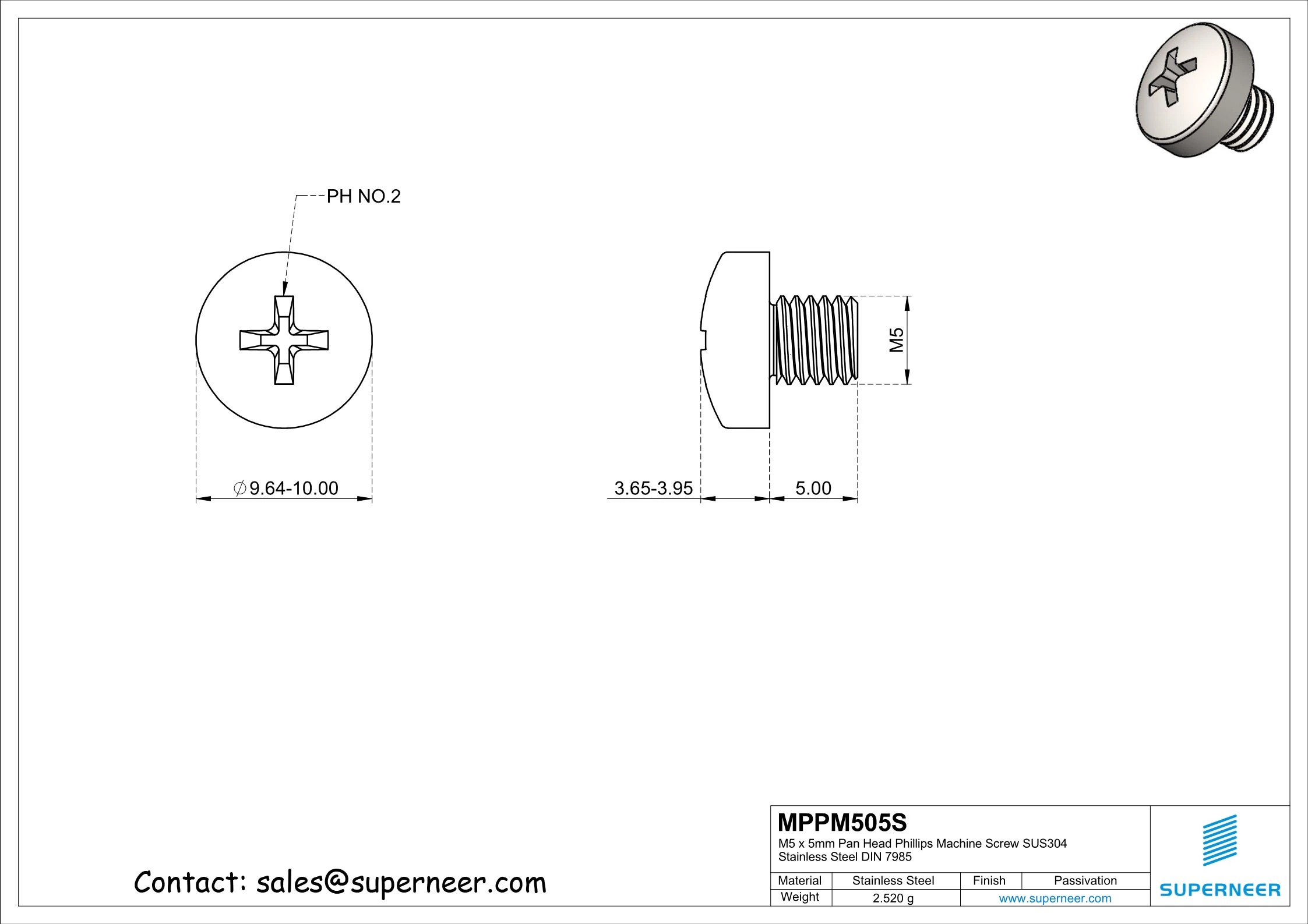 M5 x 5 mm  Pan Head Phillips Machine Screw SUS304 Stainless Steel Inox DIN 7985