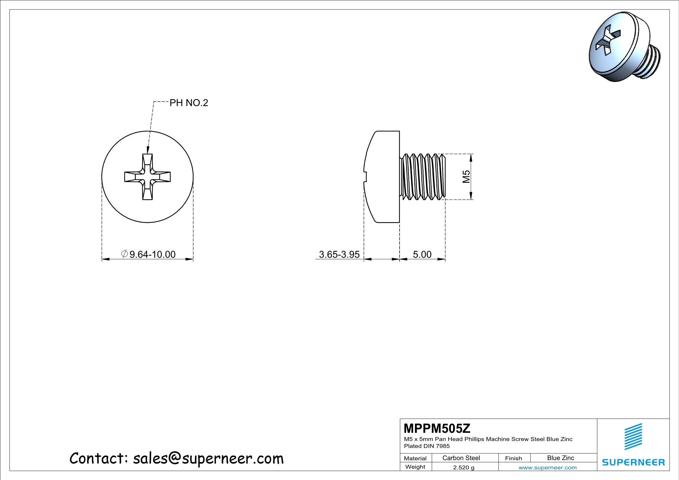 M5 x 5 mm Pan Head Phillips Machine Screw Steel Blue Zinc Plated DIN 7985