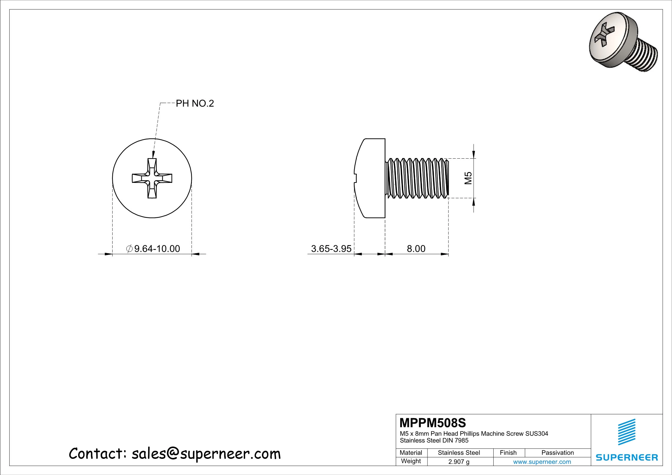 M5 x 8 mm  Pan Head Phillips Machine Screw SUS304 Stainless Steel Inox DIN 7985