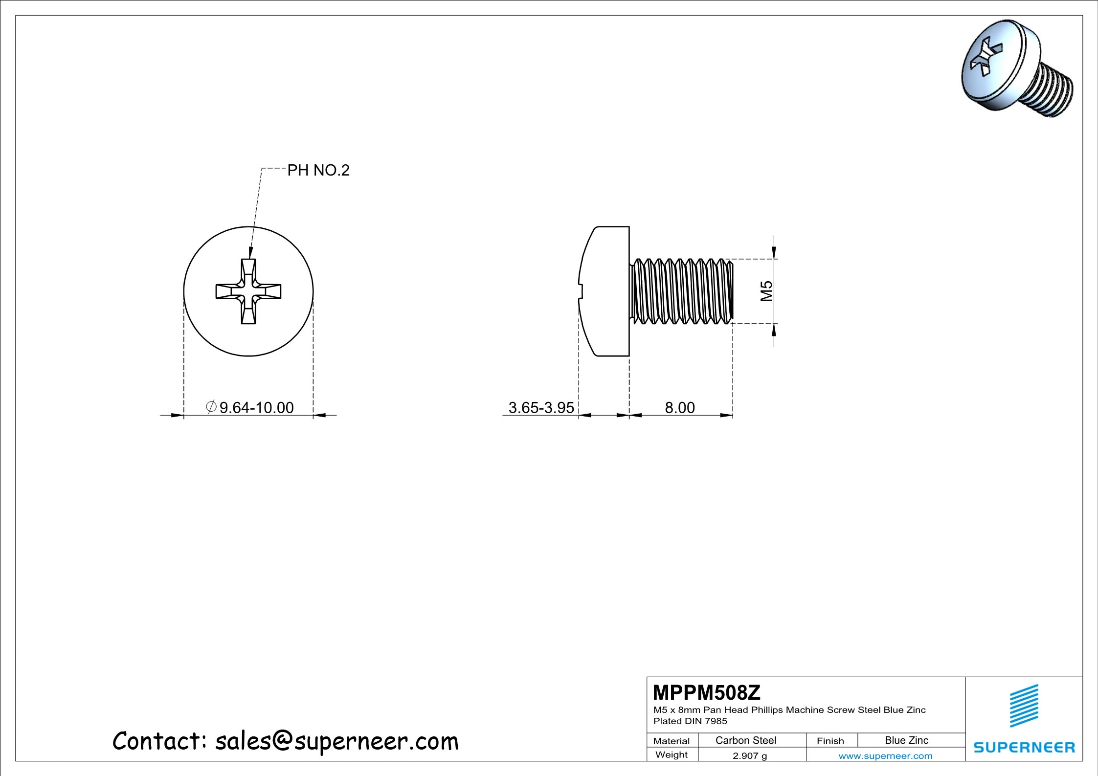 M5 x 8 mm Pan Head Phillips Machine Screw Steel Blue Zinc Plated DIN 7985