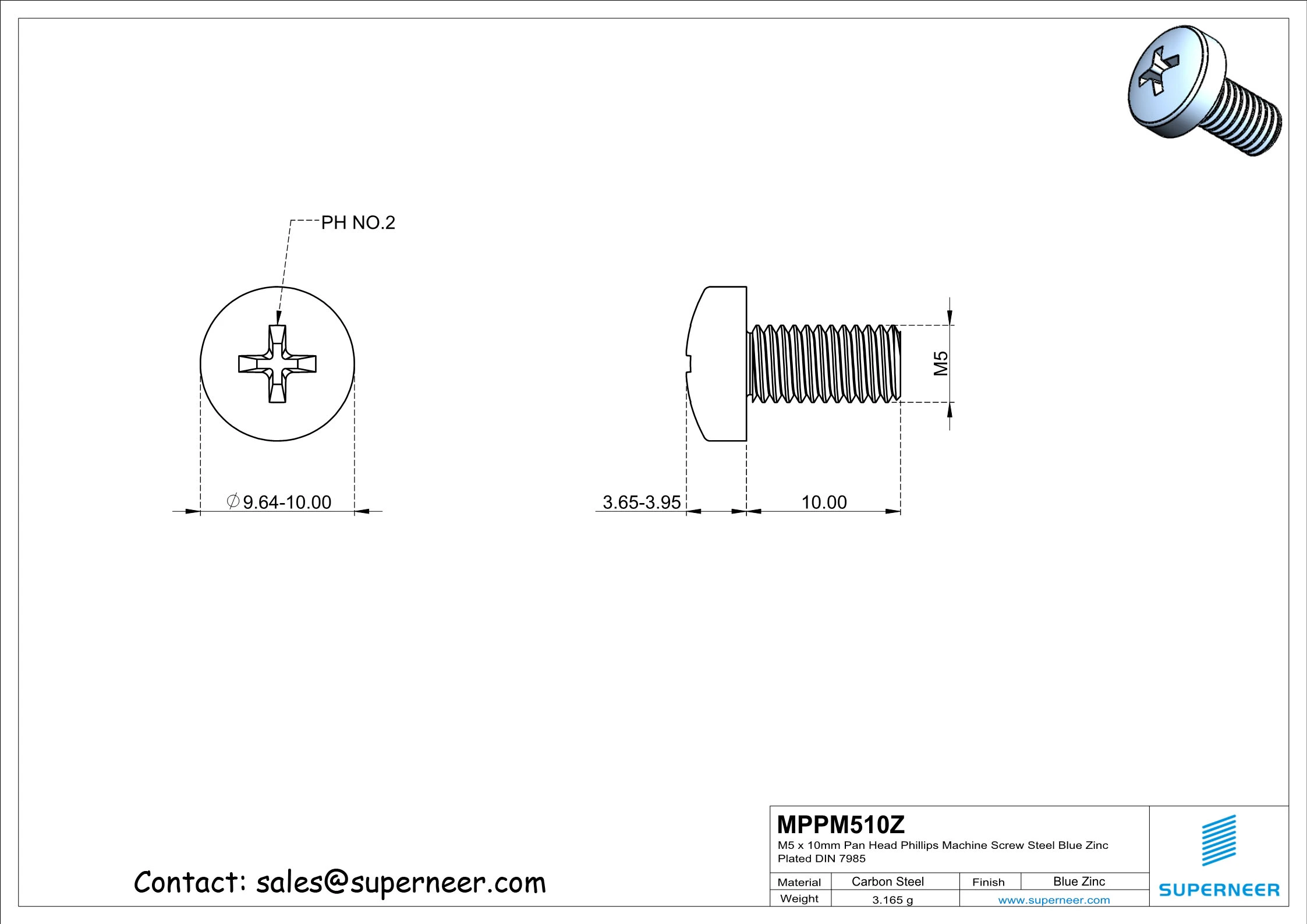 M5 x 10 mm Pan Head Phillips Machine Screw Steel Blue Zinc Plated DIN 7985