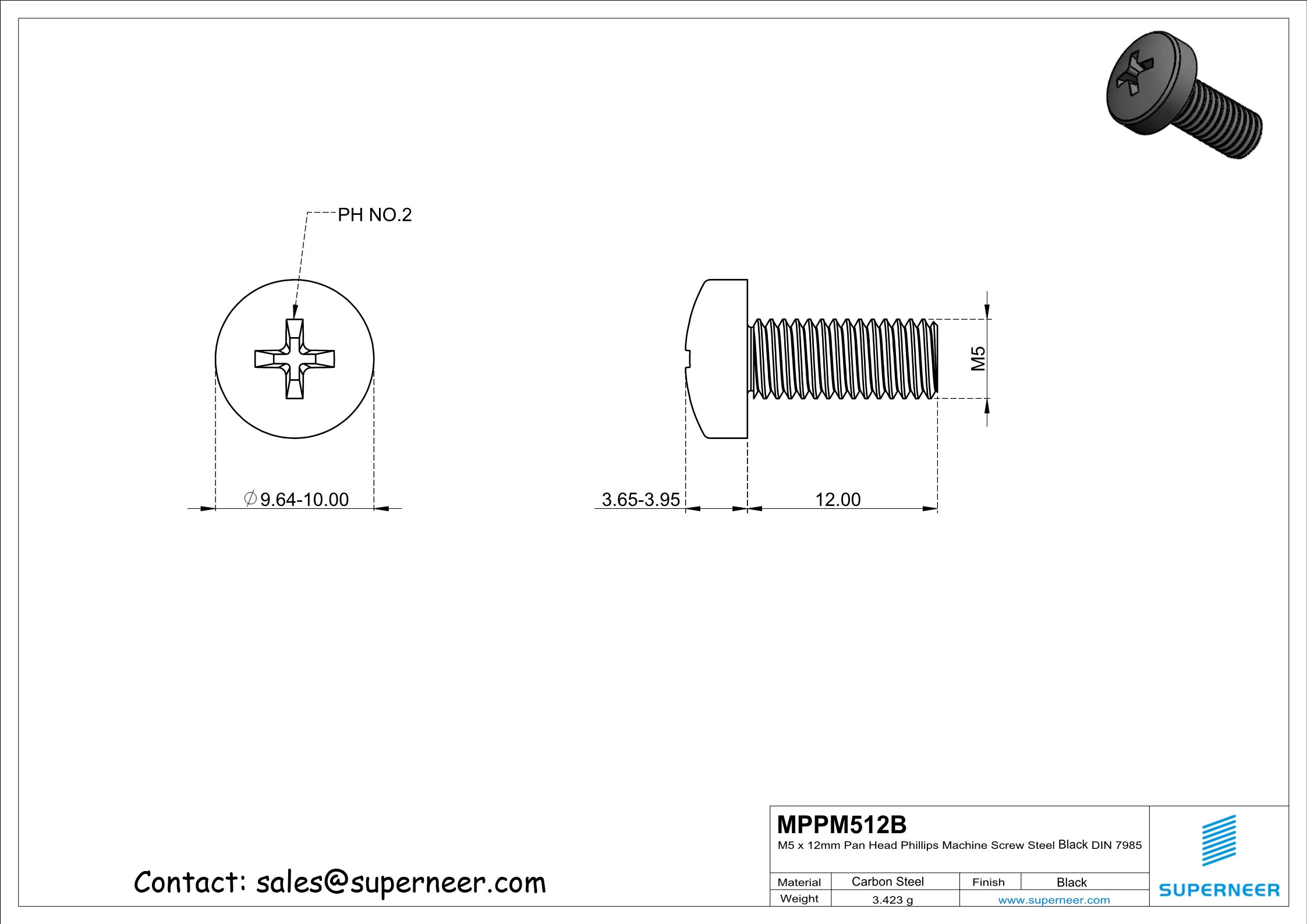 M5 x 12 mm Pan Head Phillips Machine Screw Steel Black DIN 7985